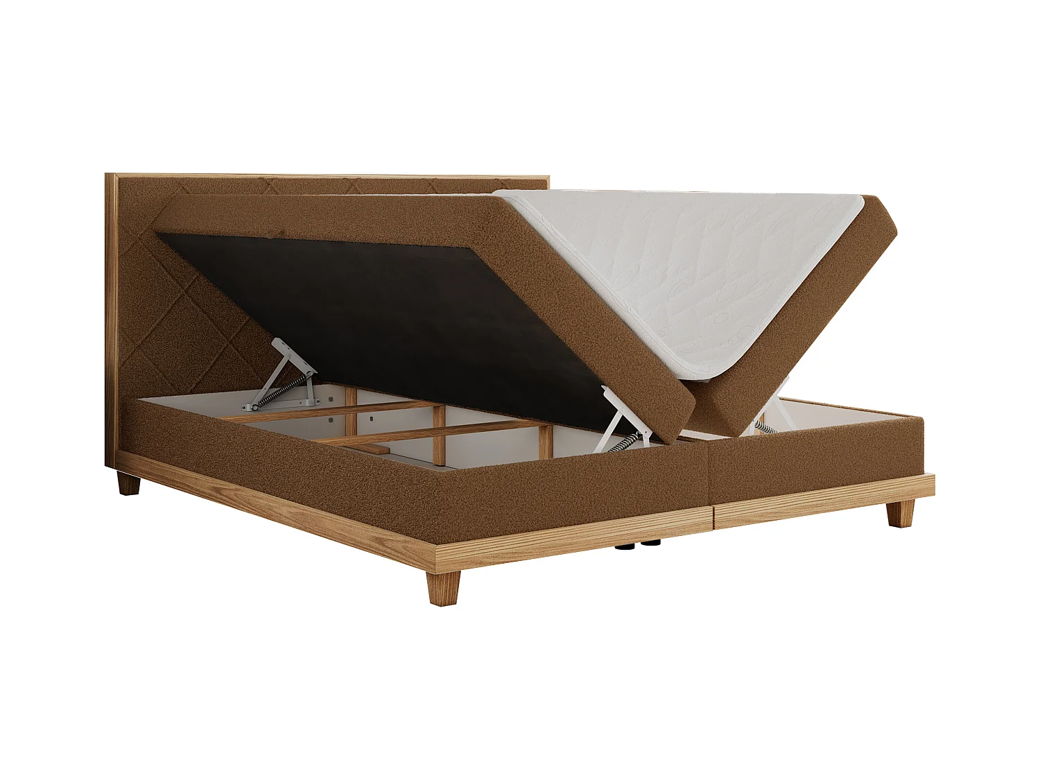 Boxspringbett CAICOS - mit gestepptem Kopfteil, Multipocket-Matratze und Topper, Holzelementen - 160x200 cm - H4 - Braun Boucle