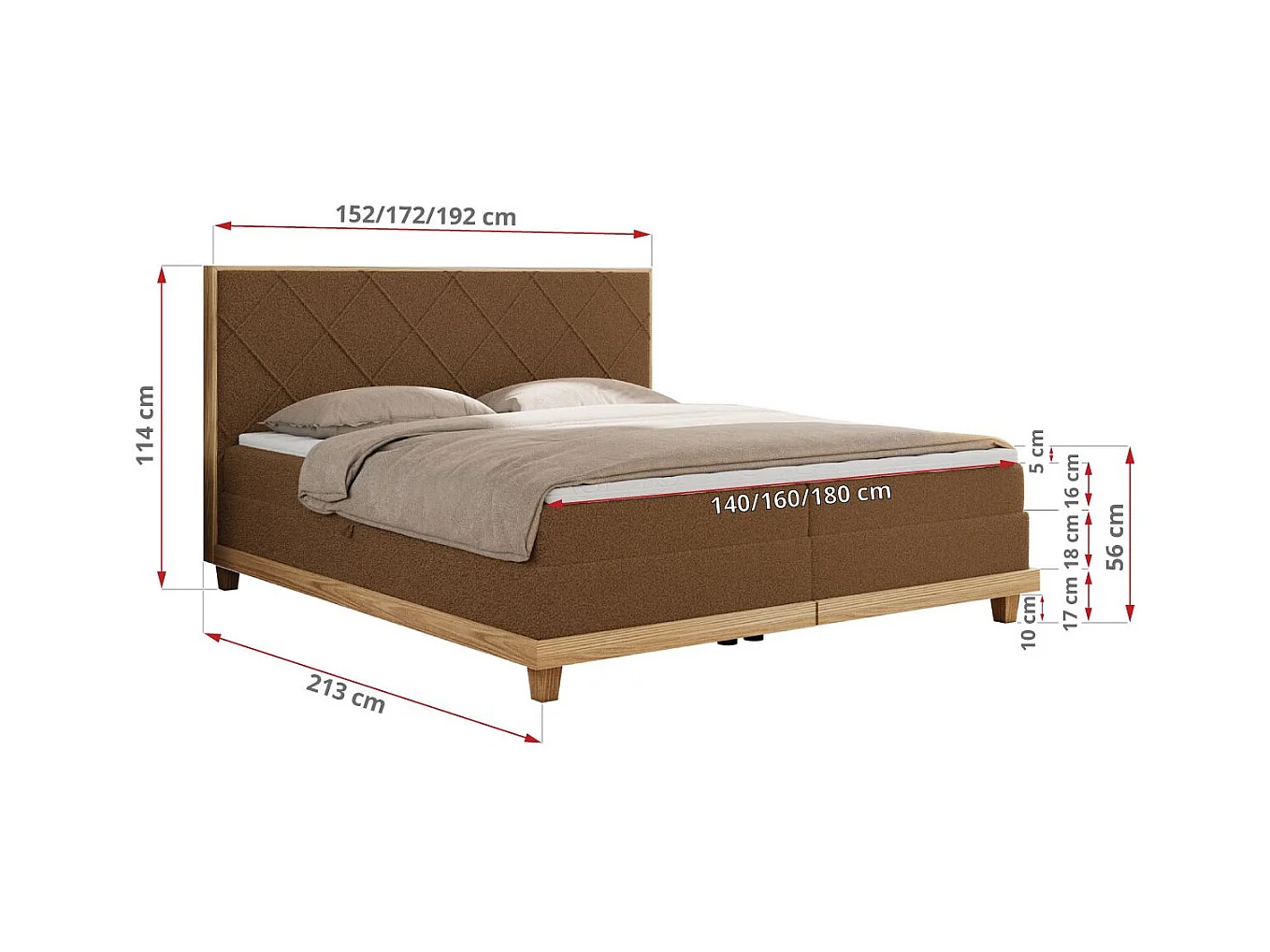 Boxspringbett CAICOS - mit gestepptem Kopfteil, Multipocket-Matratze und Topper, Holzelementen - 160x200 cm - H4 - Braun Boucle