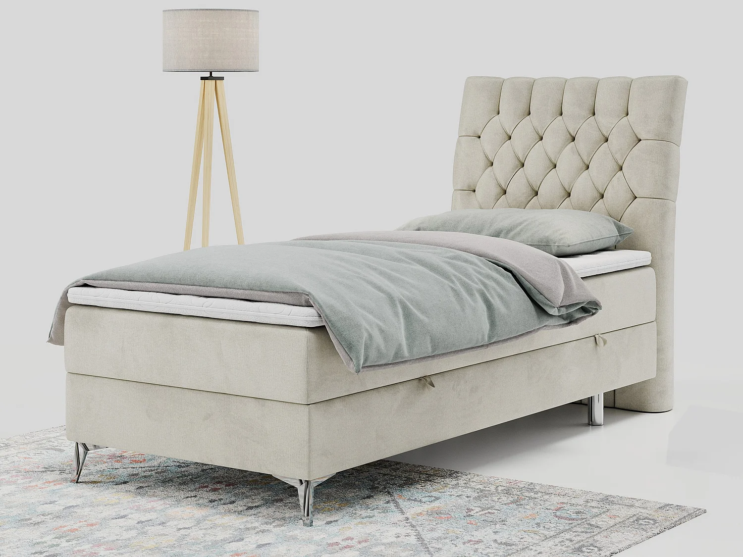 Boxspringbett MILEN - Polsterbett auf Metallbeine, Set mit Multipocket-Matratze, Gesteppte Kopfstütze - 90x200 cm - H4 - Beige Velvet - Rechts Seite