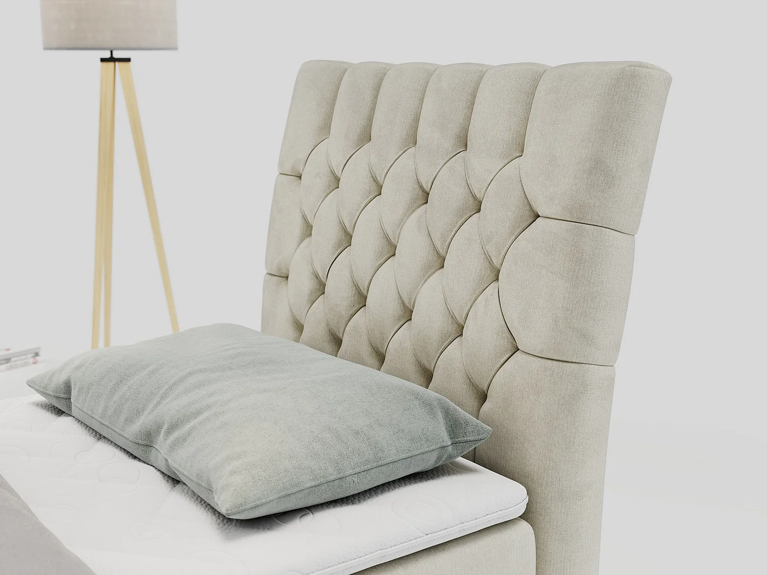 Boxspringbett MILEN - Polsterbett auf Metallbeine, Set mit Multipocket-Matratze, Gesteppte Kopfstütze - 90x200 cm - H4 - Beige Velvet - Rechts Seite