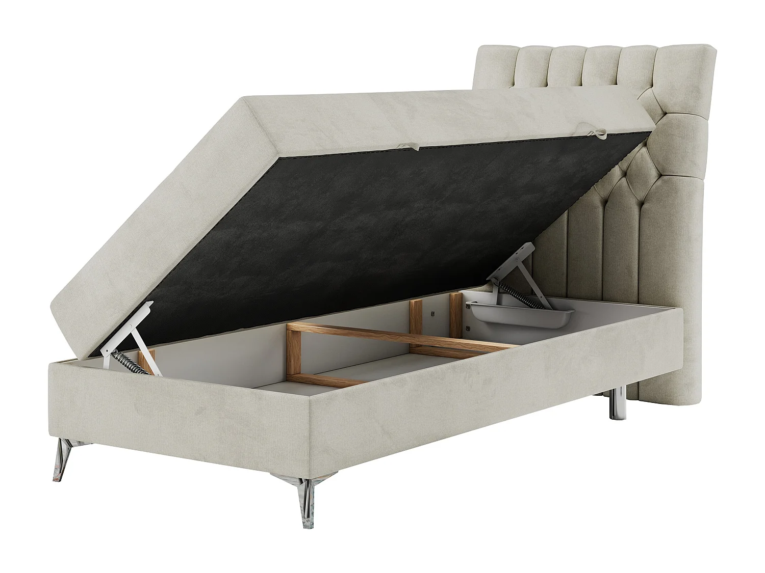 Boxspringbett MILEN - Polsterbett auf Metallbeine, Set mit Multipocket-Matratze, Gesteppte Kopfstütze - 90x200 cm - H4 - Beige Velvet - Rechts Seite