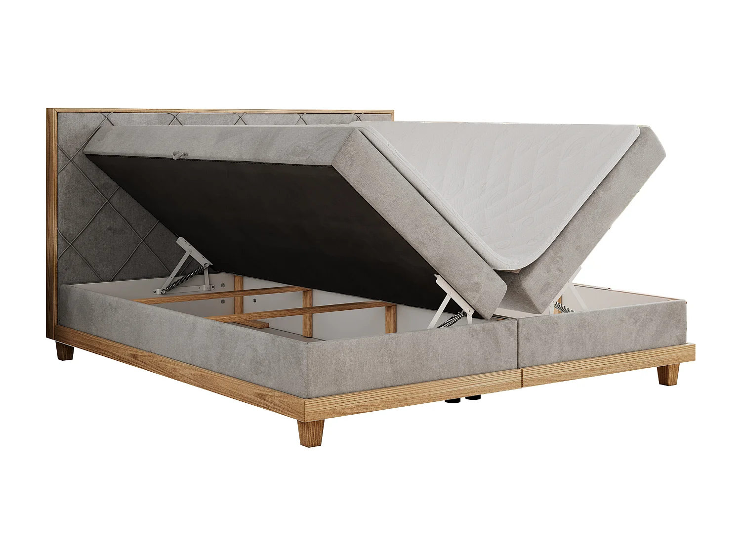 Boxspringbett CAICOS - mit gestepptem Kopfteil, Multipocket-Matratze und Topper, Holzelementen - 140x200 cm - H3 - Hellgrau Velvet