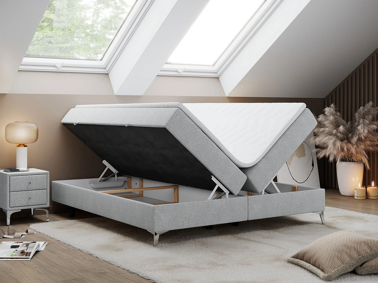 Boxspringbett LESS - Doppelbett mit zwei Bettkästen, 7 Härtezonen Multipocket-Matratzen, hohe Metallbeine - 140x200 cm - H3 - Hellgrau Strukture