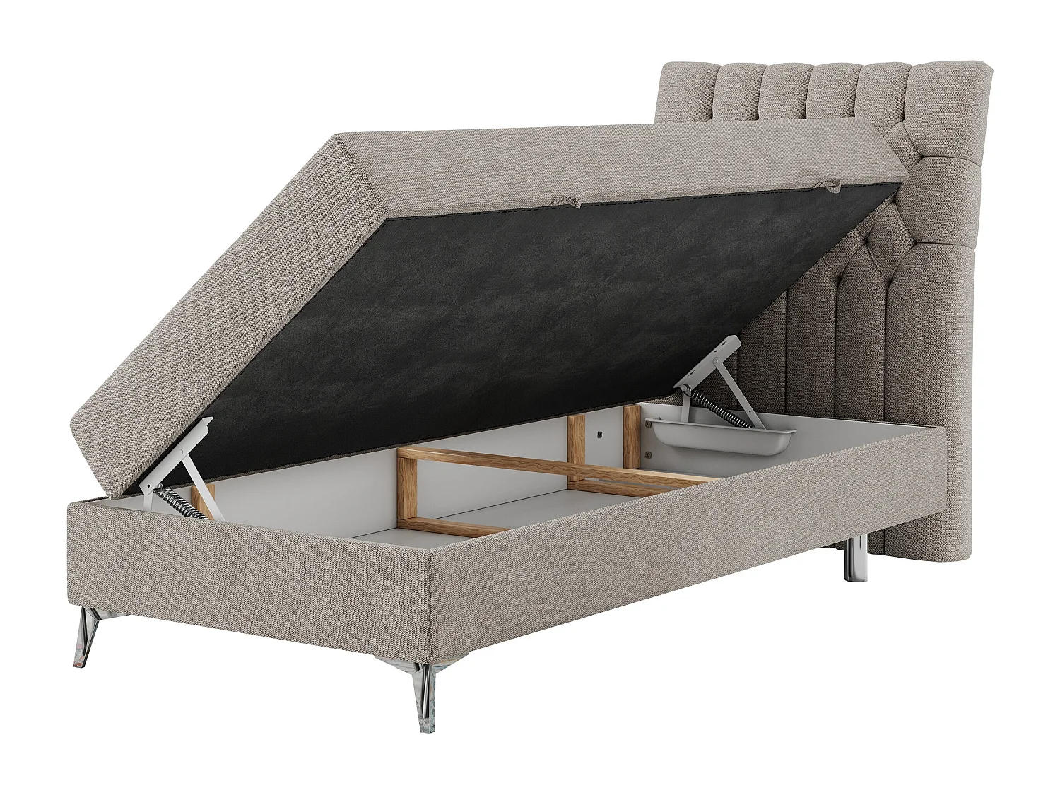 Boxspringbett MILEN - Polsterbett auf Metallbeine, Set mit Multipocket-Matratze, Gesteppte Kopfstütze - 90x200 cm - H4 - Beige Strukture - Rechts Seite
