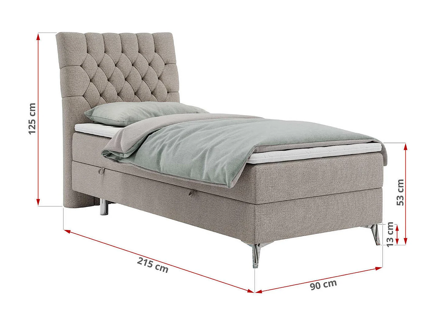 Boxspringbett MILEN - Polsterbett auf Metallbeine, Set mit Multipocket-Matratze, Gesteppte Kopfstütze - 90x200 cm - H4 - Beige Strukture - Rechts Seite