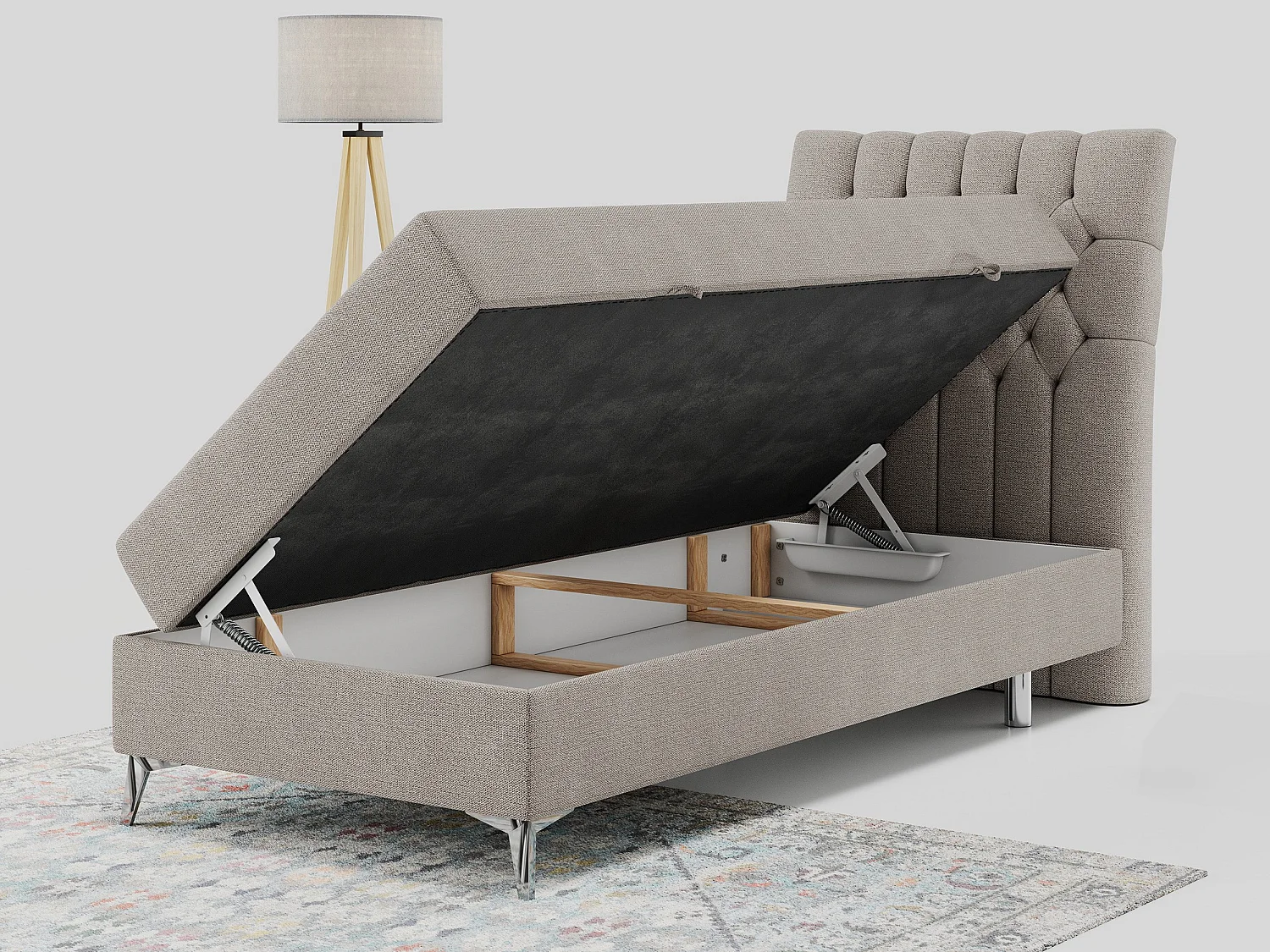 Boxspringbett MILEN - Polsterbett auf Metallbeine, Set mit Multipocket-Matratze, Gesteppte Kopfstütze - 90x200 cm - H4 - Beige Strukture - Rechts Seite