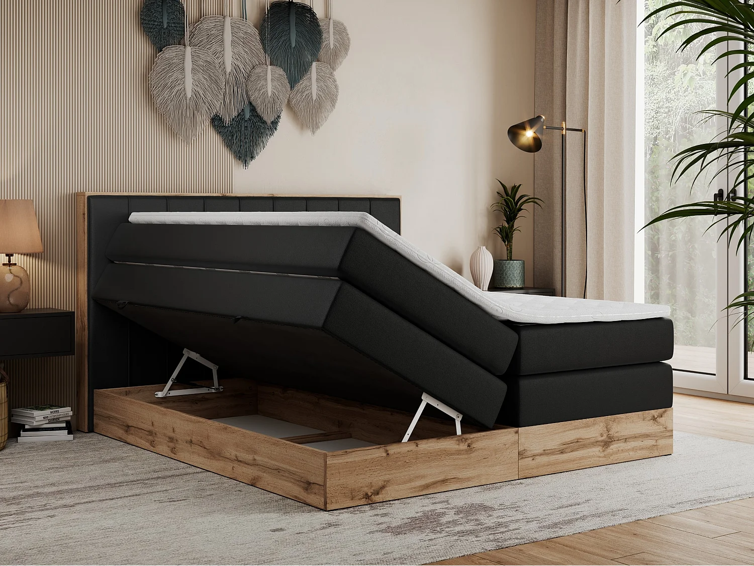 Boxspringbett BELLISSIMO KING - für Schlafzimmer, zwei Multipocket-Matratzen, Set mit Kopfteil und Topper, Holzrahmen - 200x200 cm - H3 - Schwarz Kunstleder