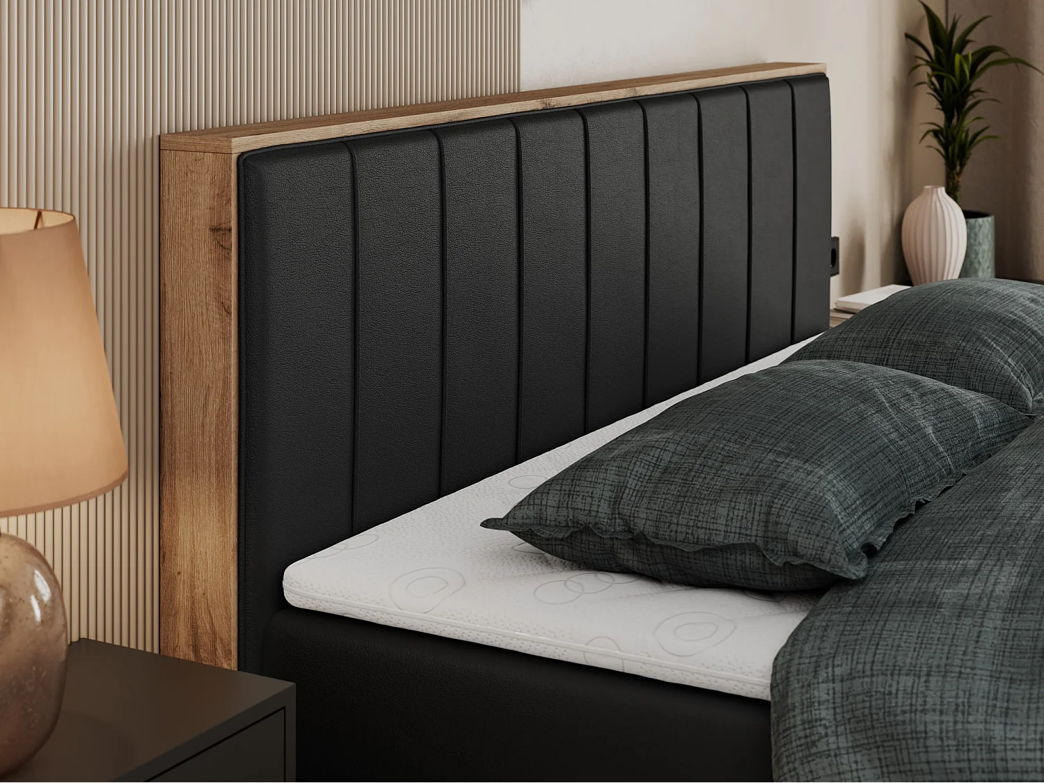 Boxspringbett BELLISSIMO KING - für Schlafzimmer, zwei Multipocket-Matratzen, Set mit Kopfteil und Topper, Holzrahmen - 200x200 cm - H3 - Schwarz Kunstleder