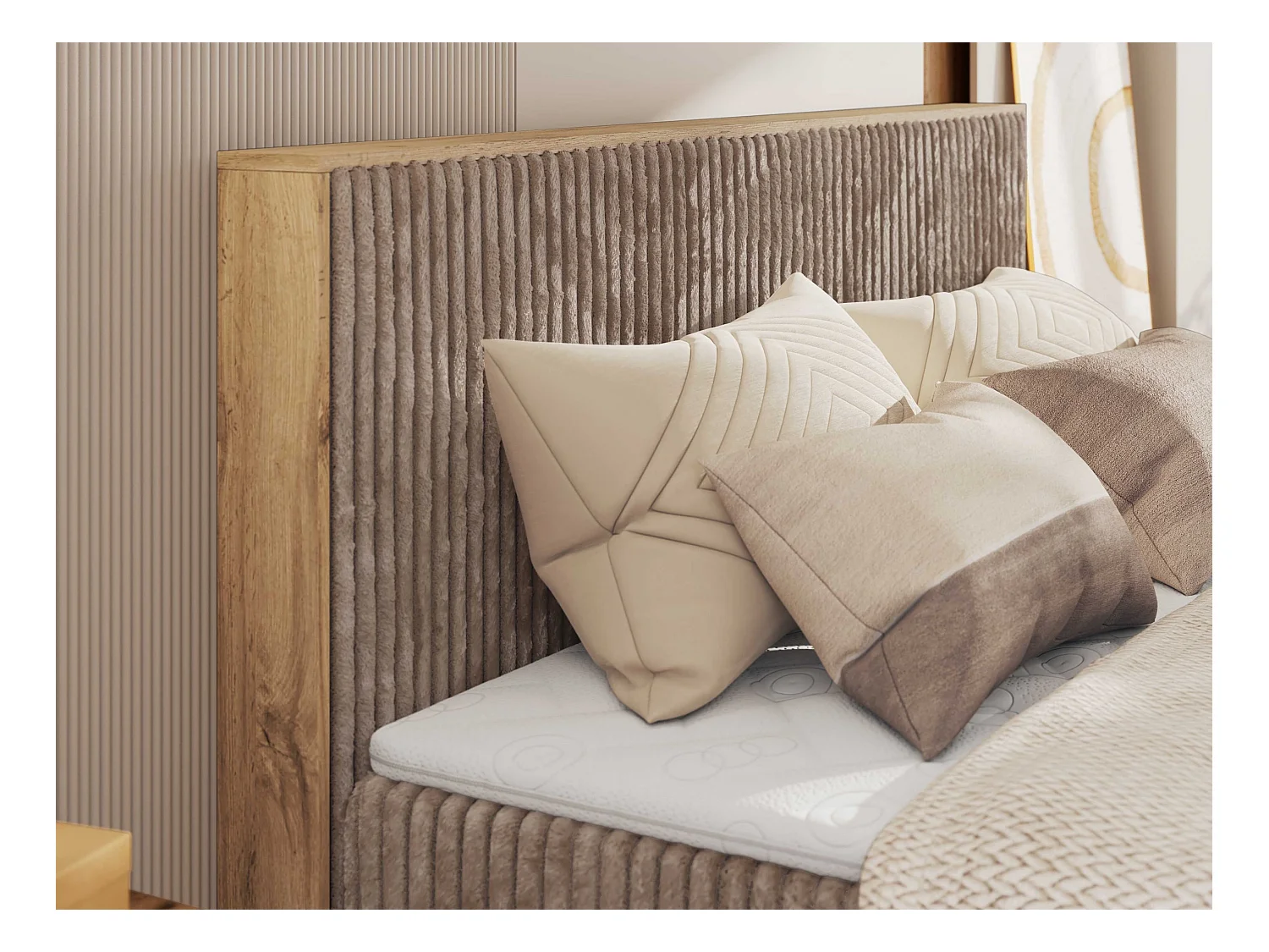 Boxspringbett WOOD CLASSIC KING - Polsterbett mit hohe Kopfteil, zwei Multipocket-Matratze, Bettkästen - 180x200 cm - H3 - Braun Cord