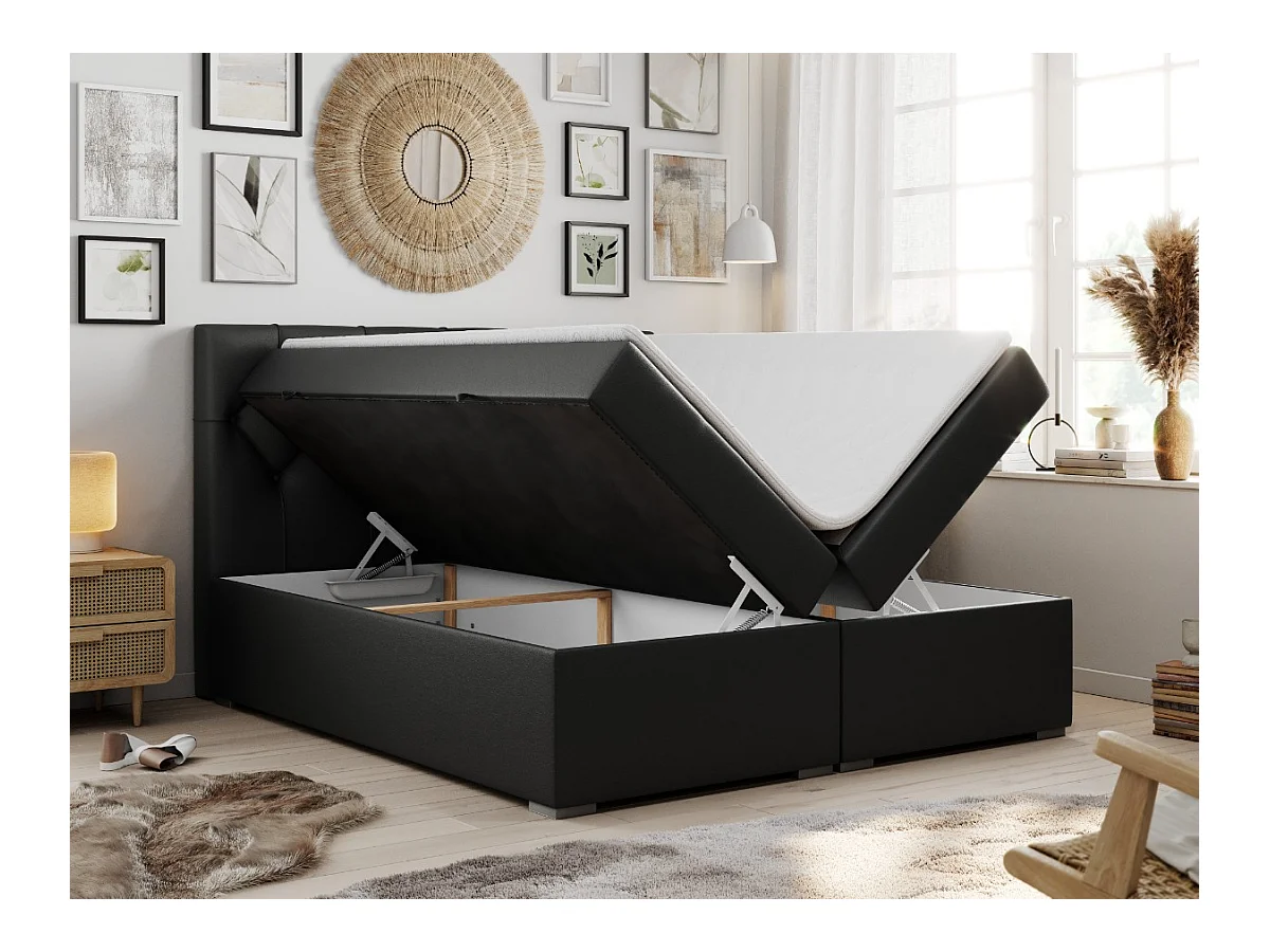Boxspringbett ALDA - Doppelbett mit gestepptem Kopfteil, Multipocket-Matratze und Topper, zwei Bettkästen - 180x200 cm - H4 - Schwarz Kunstleder