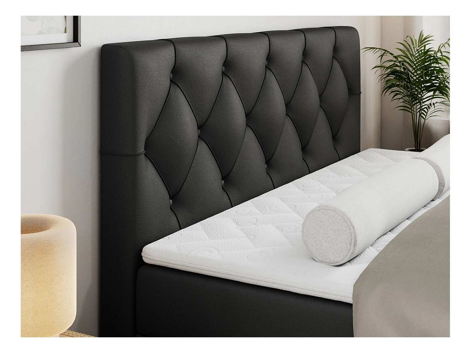 Boxspringbett ALDA - Doppelbett mit gestepptem Kopfteil, Multipocket-Matratze und Topper, zwei Bettkästen - 180x200 cm - H4 - Schwarz Kunstleder