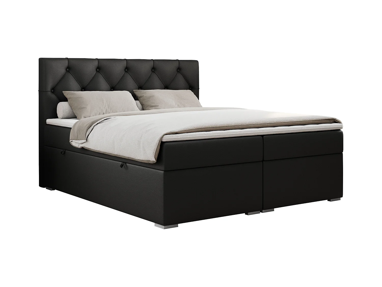 Boxspringbett ALDA - Doppelbett mit gestepptem Kopfteil, Multipocket-Matratze und Topper, zwei Bettkästen - 180x200 cm - H4 - Schwarz Kunstleder