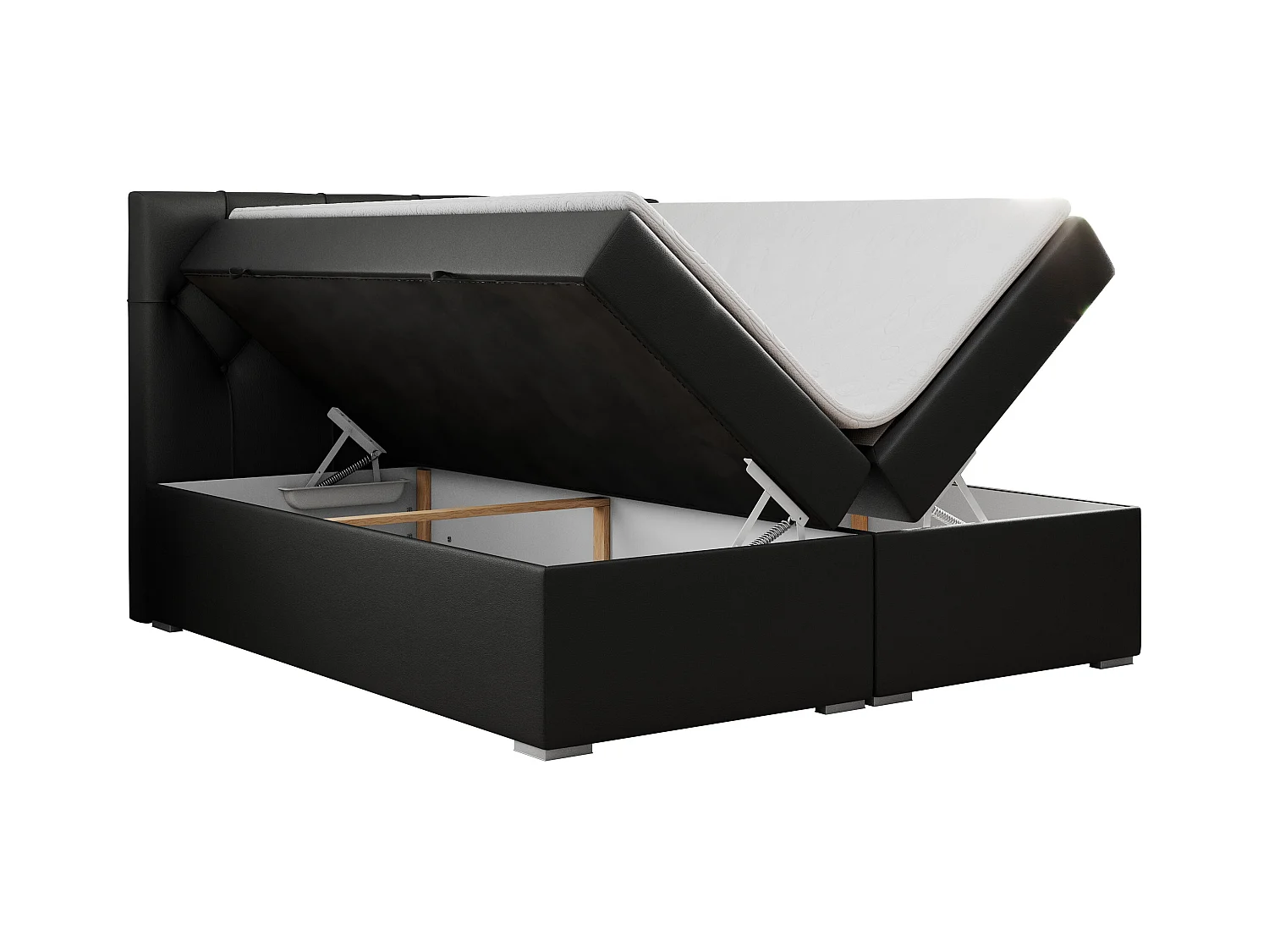 Boxspringbett ALDA - Doppelbett mit gestepptem Kopfteil, Multipocket-Matratze und Topper, zwei Bettkästen - 180x200 cm - H4 - Schwarz Kunstleder