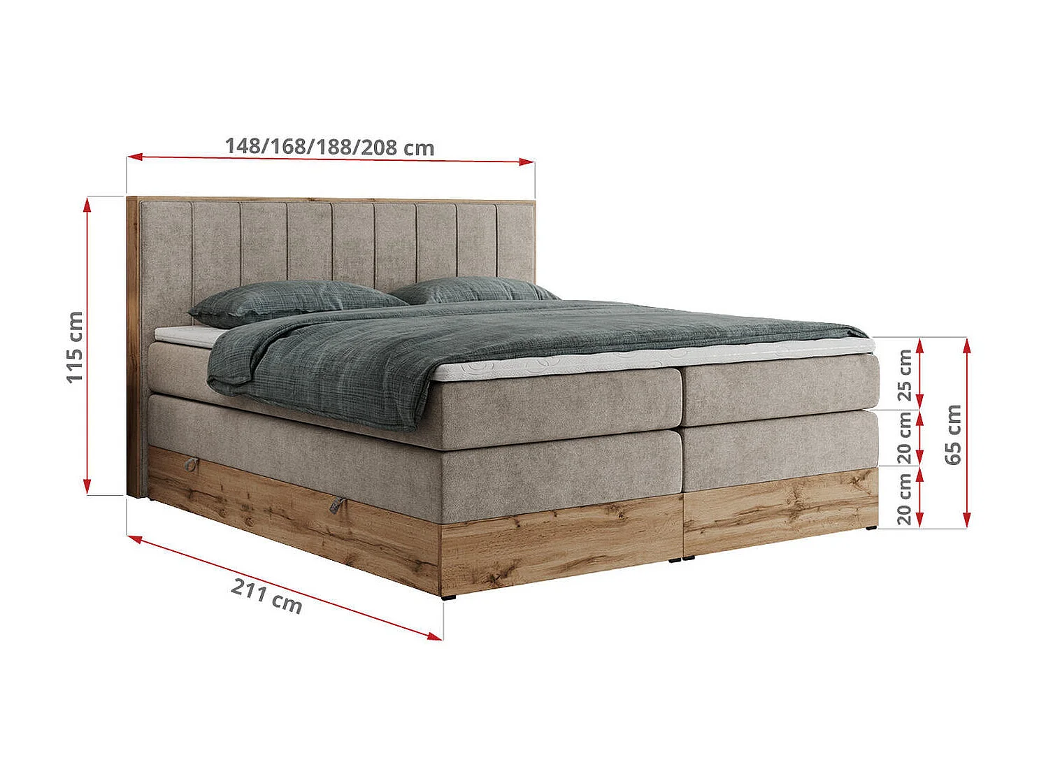 Boxspringbett BELLISSIMO KING - für Schlafzimmer, zwei Multipocket-Matratzen, Set mit Kopfteil und Topper, Holzrahmen - 140x200 cm - H3 - Beige Strukture