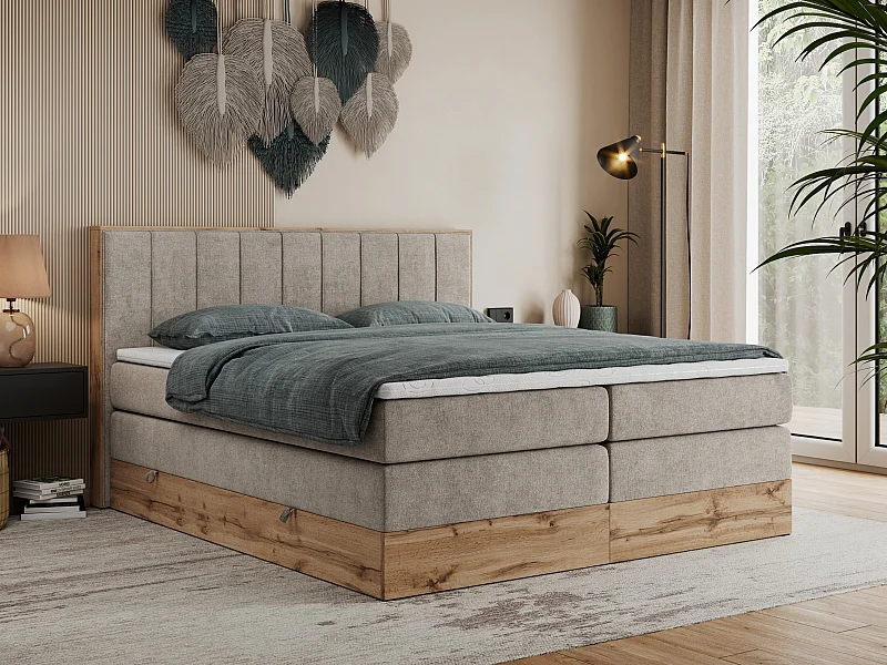 Boxspringbett BELLISSIMO KING - für Schlafzimmer, zwei Multipocket-Matratzen, Set mit Kopfteil und Topper, Holzrahmen - 140x200 cm - H3 - Beige Strukture