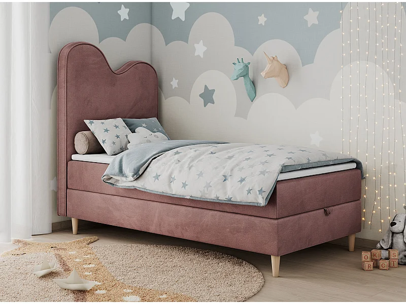 Kinderbett FLOW - Boxspringbett mit Stauraum, Einzelbett für Jugendliche, Bettkasten und hohe Kopfteil - 90x180 cm - Rosa Velvet