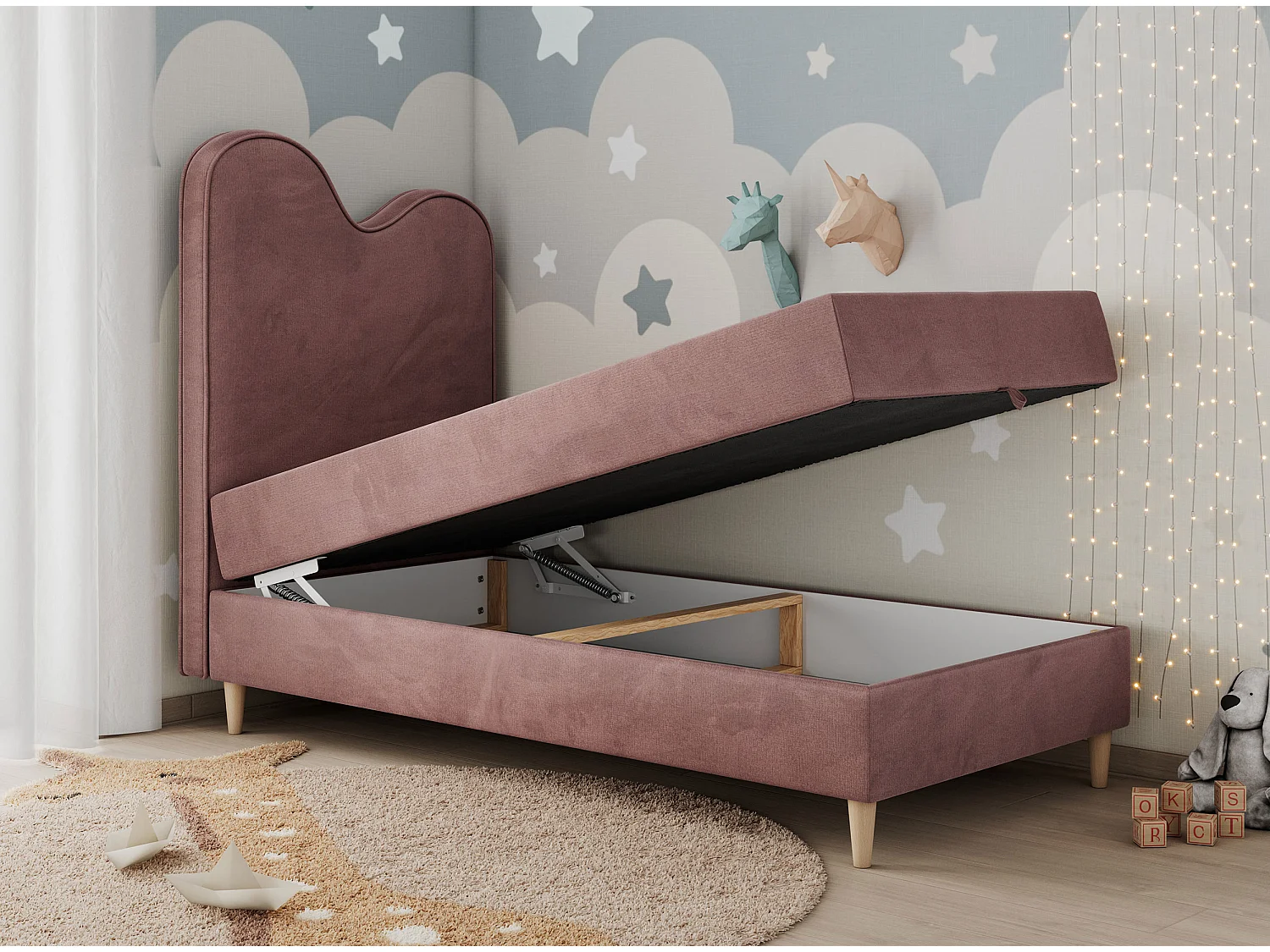 Kinderbett FLOW - Boxspringbett mit Stauraum, Einzelbett für Jugendliche, Bettkasten und hohe Kopfteil - 90x180 cm - Rosa Velvet
