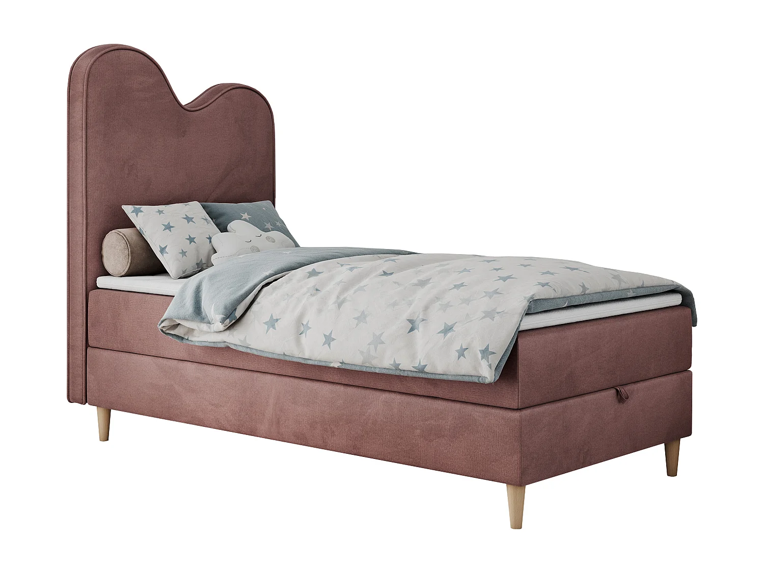 Kinderbett FLOW - Boxspringbett mit Stauraum, Einzelbett für Jugendliche, Bettkasten und hohe Kopfteil - 90x180 cm - Rosa Velvet