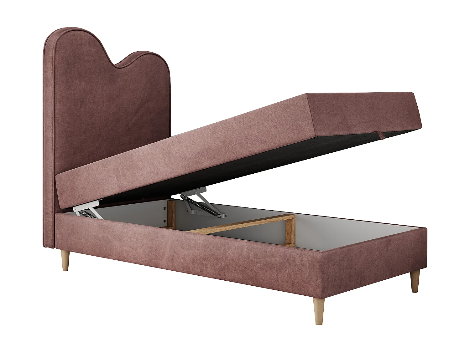 Kinderbett FLOW - Boxspringbett mit Stauraum, Einzelbett für Jugendliche, Bettkasten und hohe Kopfteil - 90x180 cm - Rosa Velvet