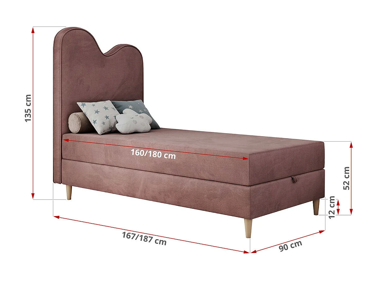 Kinderbett FLOW - Boxspringbett mit Stauraum, Einzelbett für Jugendliche, Bettkasten und hohe Kopfteil - 90x180 cm - Rosa Velvet