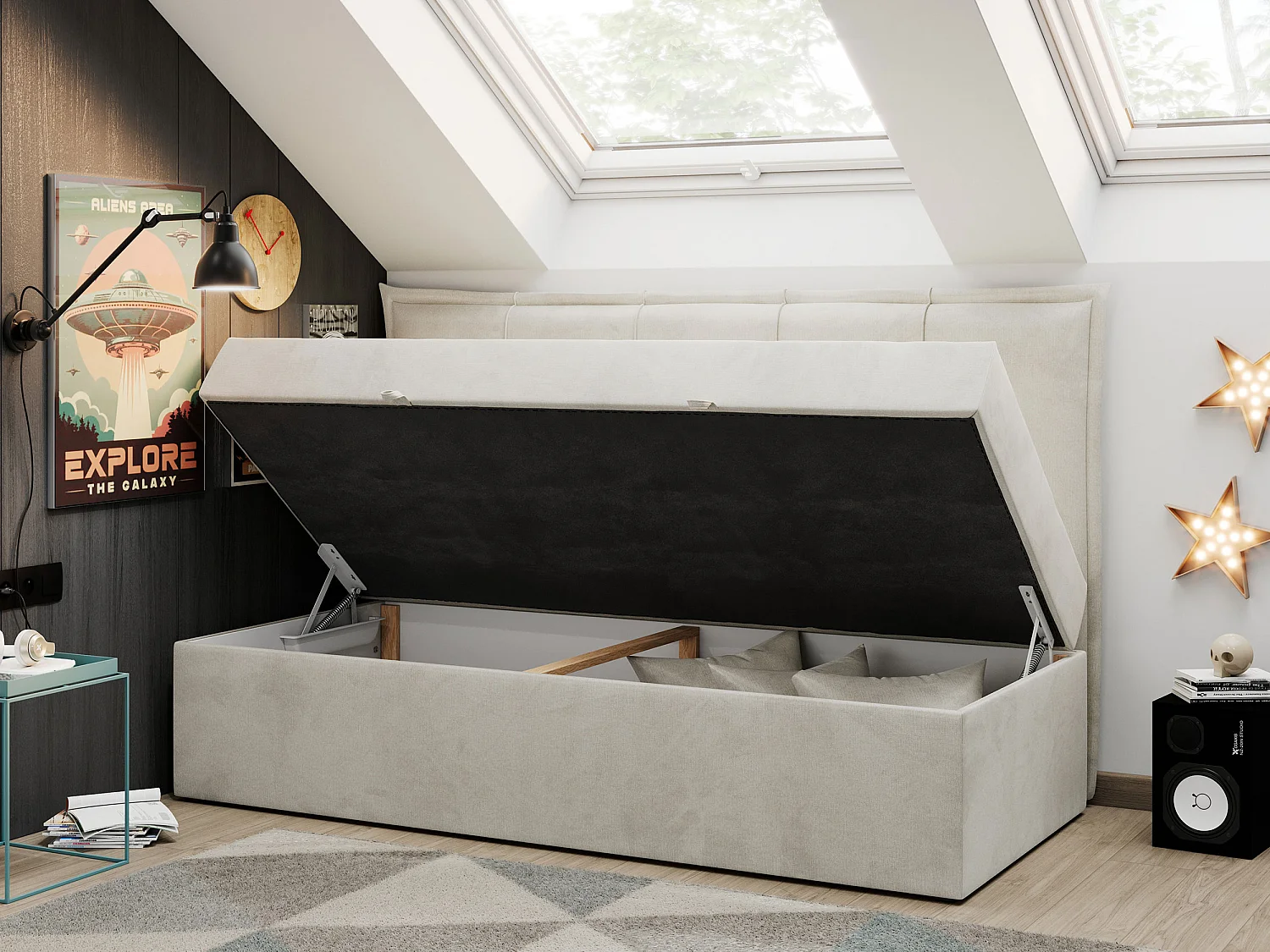 Kinderbett BANCO - Einzelbett für Jugendliche, Set mit Kopfteil und Matratze, Boxspringbett, Bettkasten - 90x200 cm - Beige Velvet