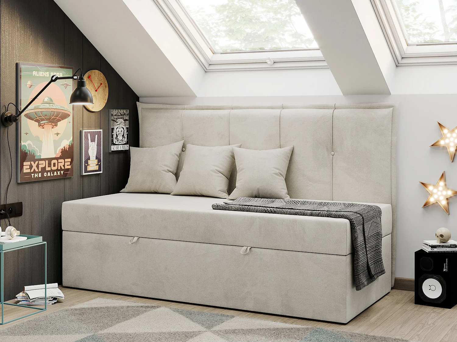 Kinderbett BANCO - Einzelbett für Jugendliche, Set mit Kopfteil und Matratze, Boxspringbett, Bettkasten - 90x200 cm - Beige Velvet