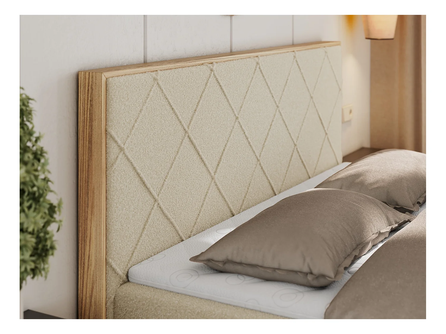 Boxspringbett CAICOS - mit gestepptem Kopfteil, Multipocket-Matratze und Topper, Holzelementen - 140x200 cm - H4 - Beige Boucle