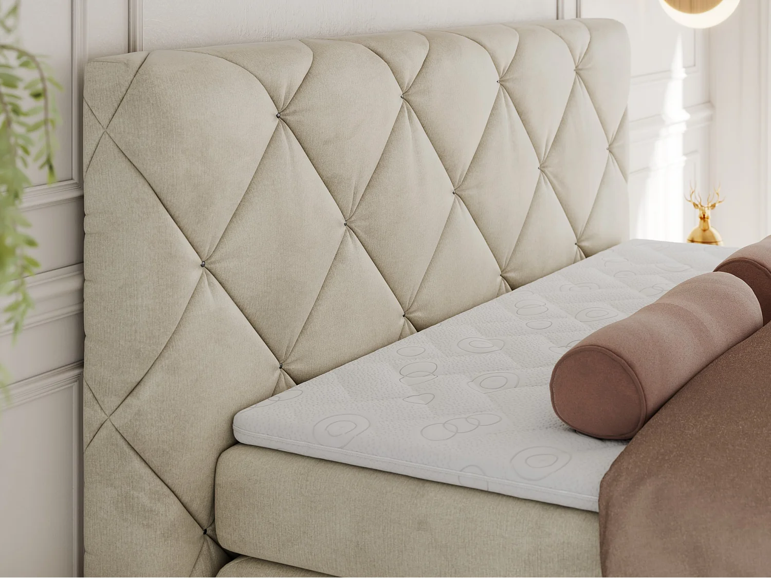 Boxspringbett RITA - Set mit Kopfteil, Multipocket-Matratze und Topper, Doppelbett für Schlafzimmer - 140x200 cm - H4 - Beige Velvet