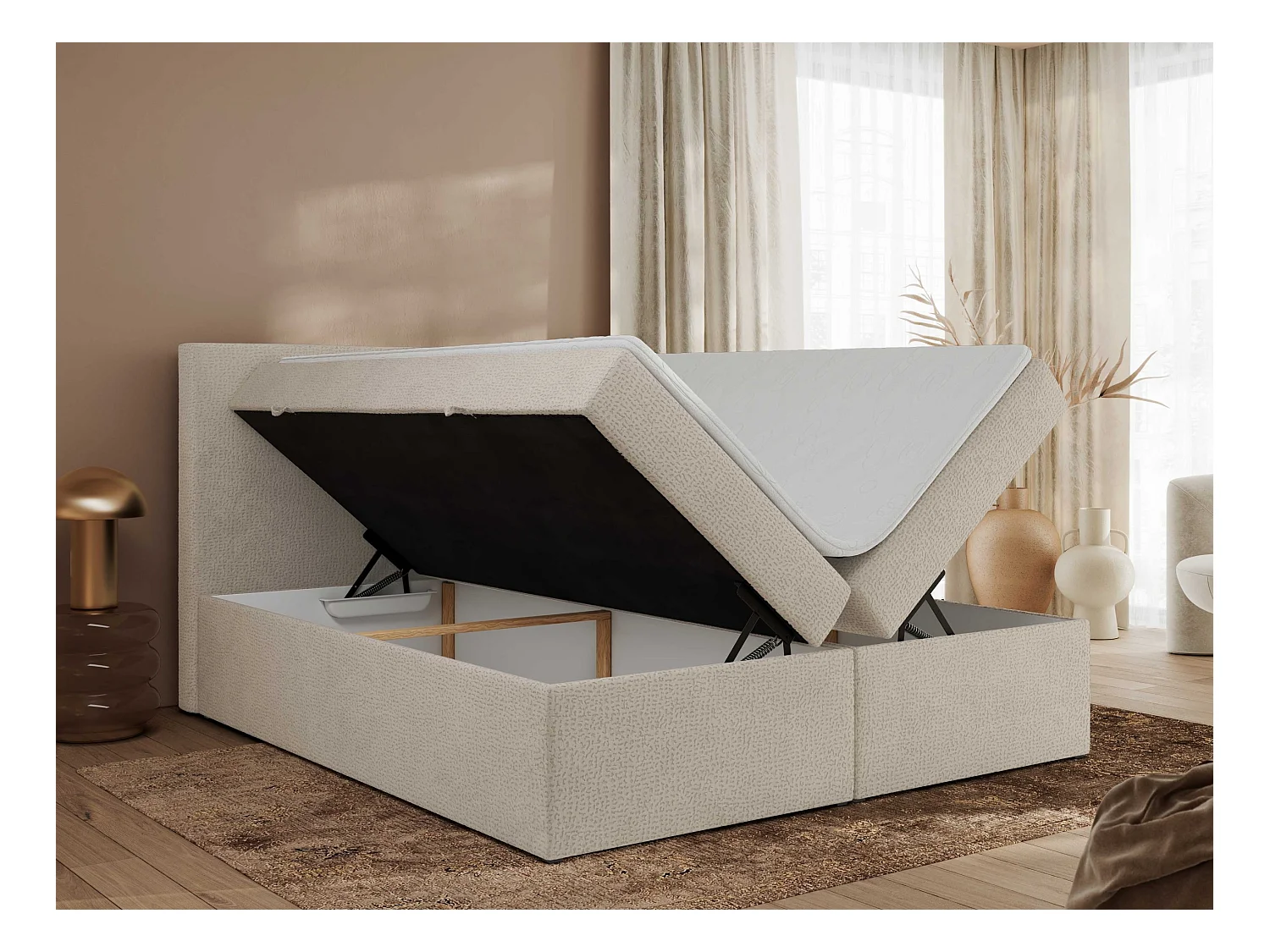 Boxspringbett JAGUAR - Doppelbett mit Multipocket-Matratze und Topper, Struktur dekostoff, zwei Bettkästen - 160x200 cm - H4 - Beige Struktur