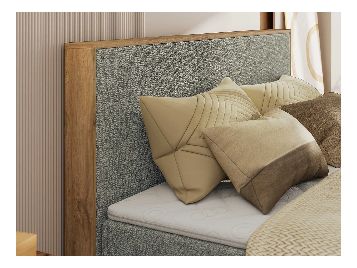 Boxspringbett WOOD CLASSIC KING - Polsterbett mit hohe Kopfteil, zwei Multipocket-Matratze, Bettkästen - 180x200 cm - H4 - Grau Strukture