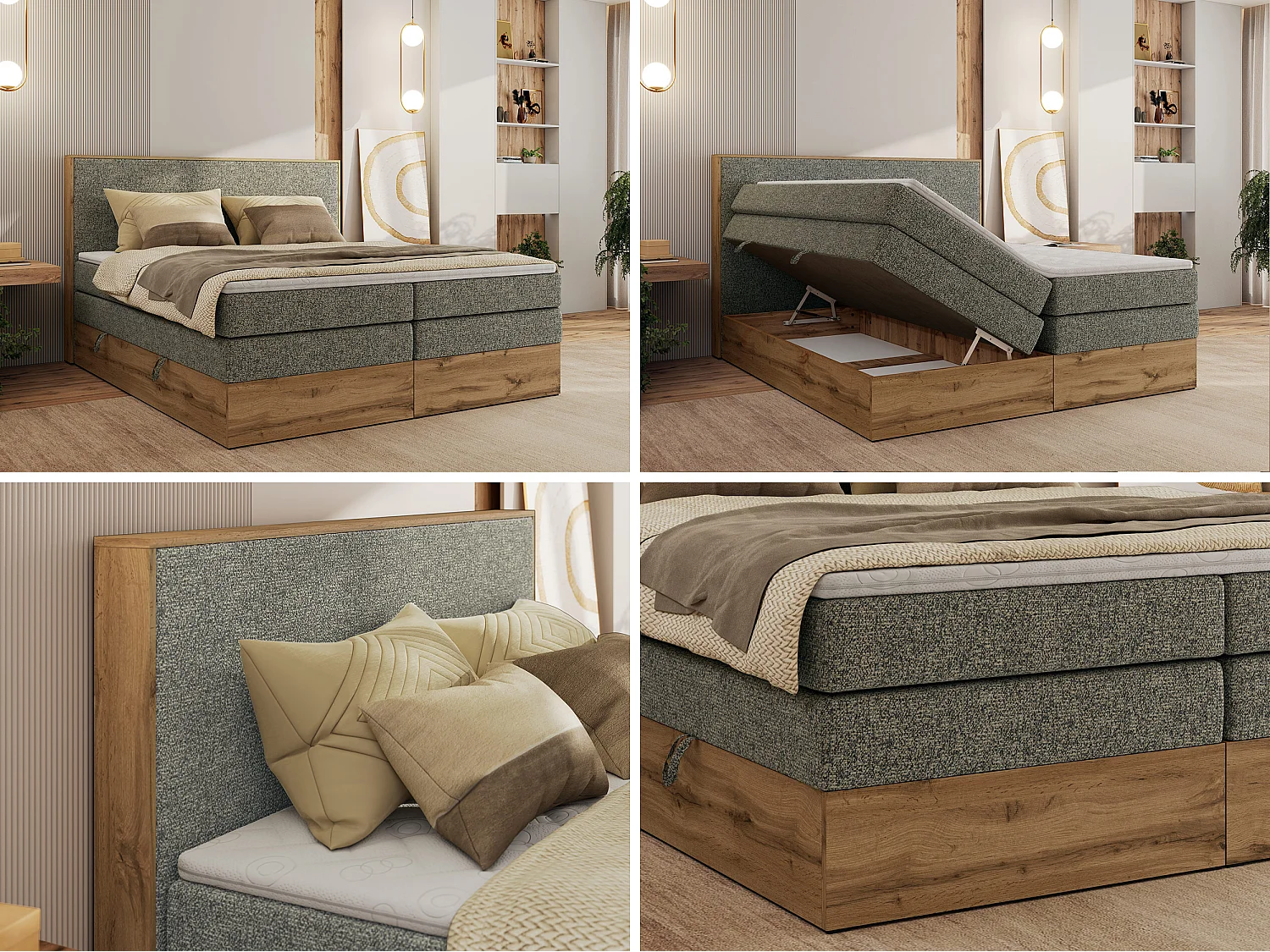 Boxspringbett WOOD CLASSIC KING - Polsterbett mit hohe Kopfteil, zwei Multipocket-Matratze, Bettkästen - 180x200 cm - H4 - Grau Strukture