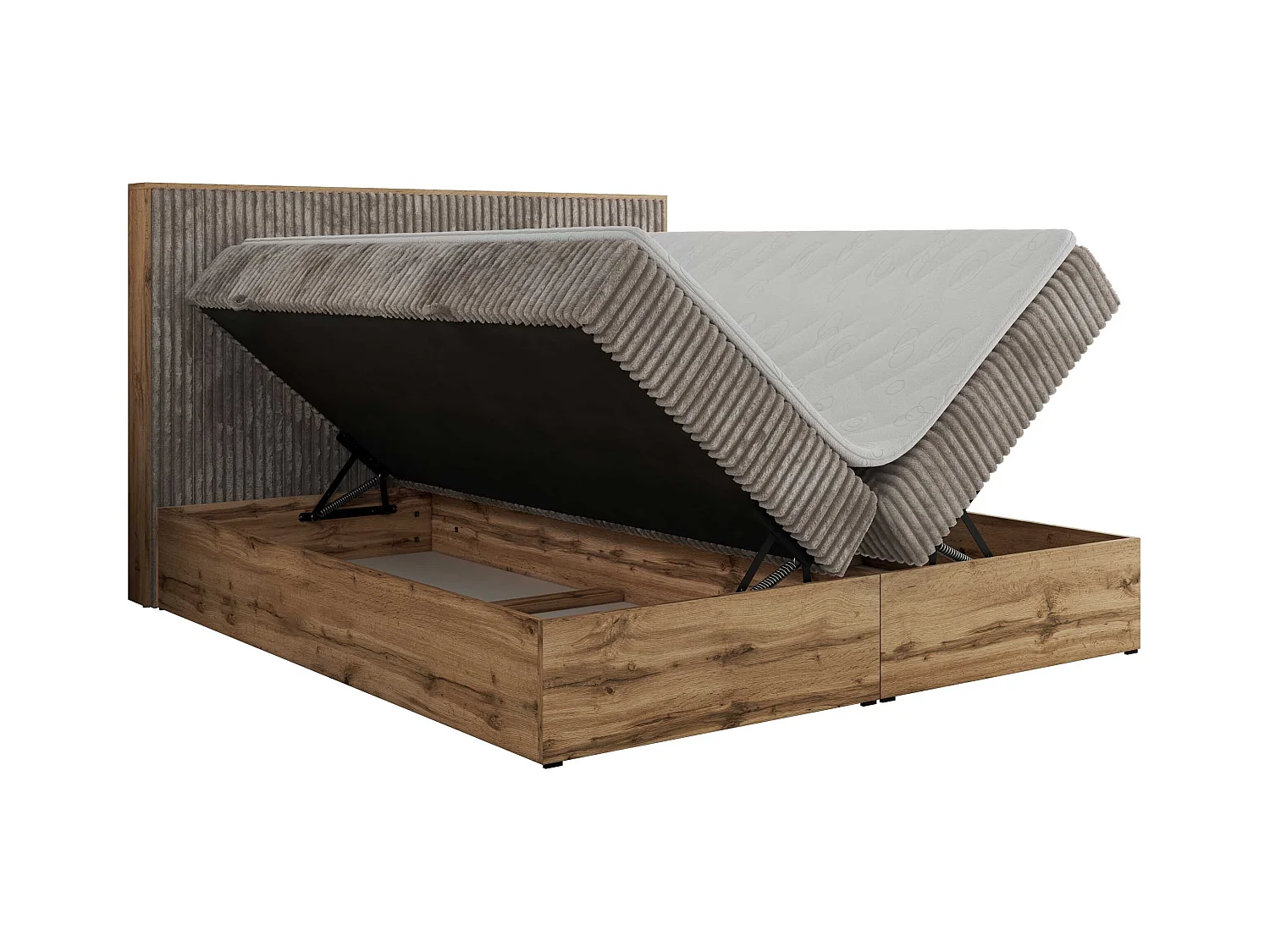 Boxspringbett WOOD CLASSIC - Doppelbett für Schlafzimmer, Set mit Multipocket-Matratze, Holzrahmen - 180x200 cm - H4 - Hellbraun Cord