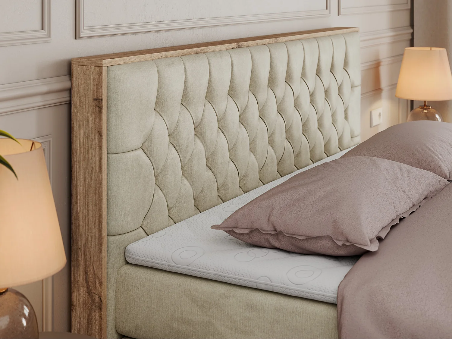 Boxspringbett AMORE KING - gesteppte Kopfstütze, Polsterbett mit zwei Multipocket-Matratzen, Holzrahmen - 200x200 cm - H3 - Beige Velvet