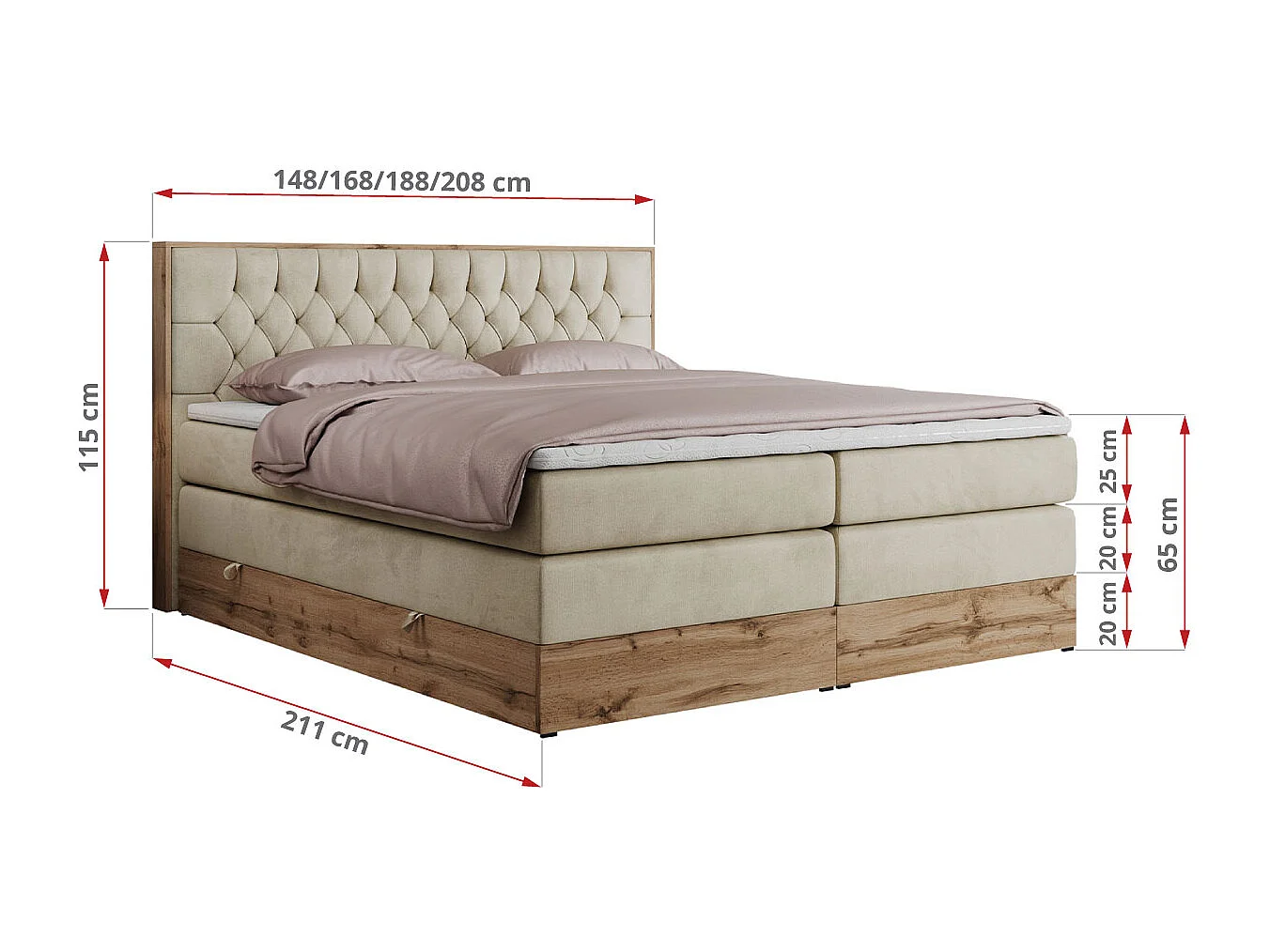 Boxspringbett AMORE KING - gesteppte Kopfstütze, Polsterbett mit zwei Multipocket-Matratzen, Holzrahmen - 200x200 cm - H3 - Beige Velvet