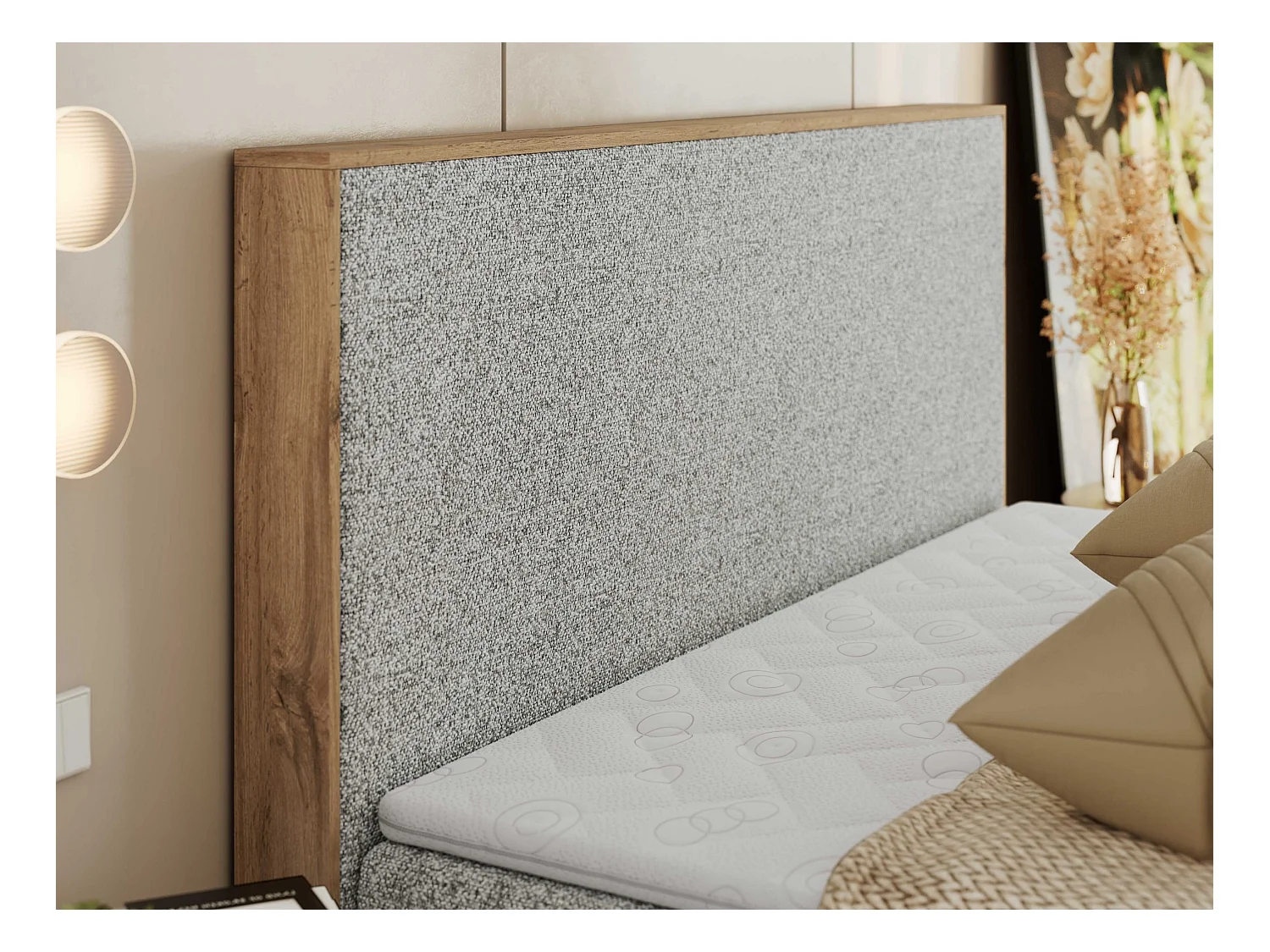 Boxspringbett WOOD CLASSIC - Doppelbett für Schlafzimmer, Set mit Multipocket-Matratze, Holzrahmen - 200x200 cm - H4 - Hellgrau Strukture