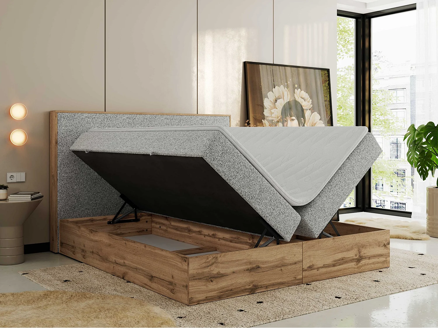 Boxspringbett WOOD CLASSIC - Doppelbett für Schlafzimmer, Set mit Multipocket-Matratze, Holzrahmen - 200x200 cm - H4 - Hellgrau Strukture