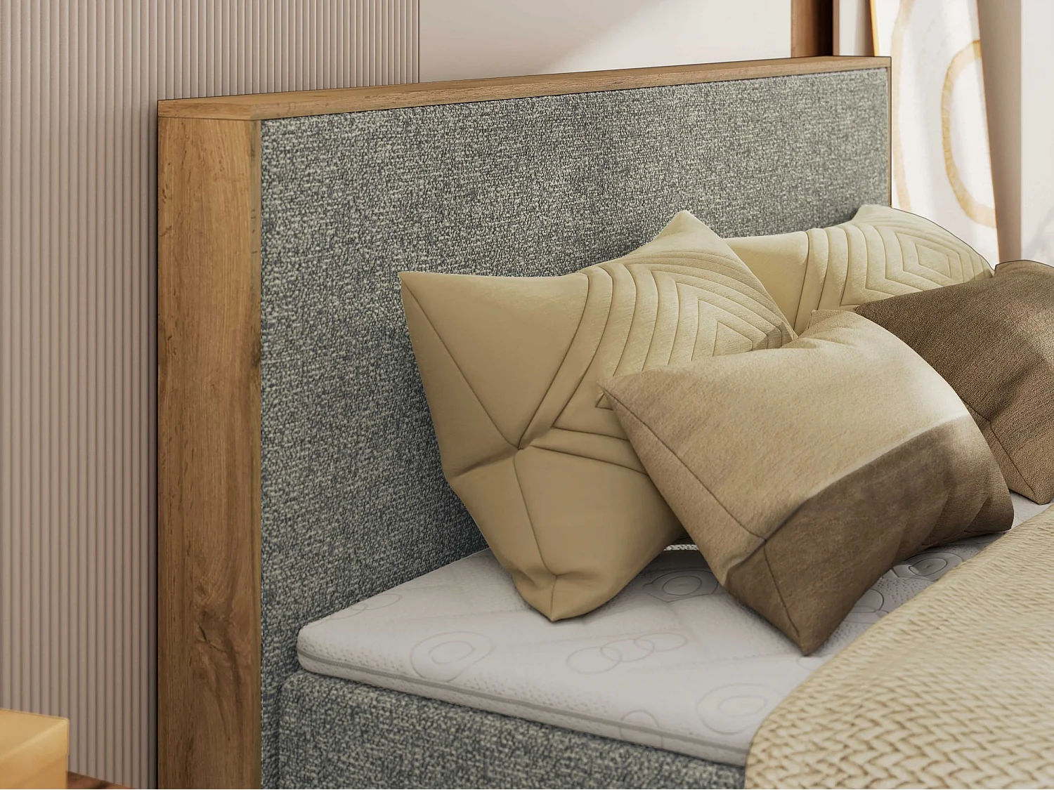 Boxspringbett WOOD CLASSIC KING - Polsterbett mit hohe Kopfteil, zwei Multipocket-Matratze, Bettkästen - 140x200 cm - H4 - Grau Strukture