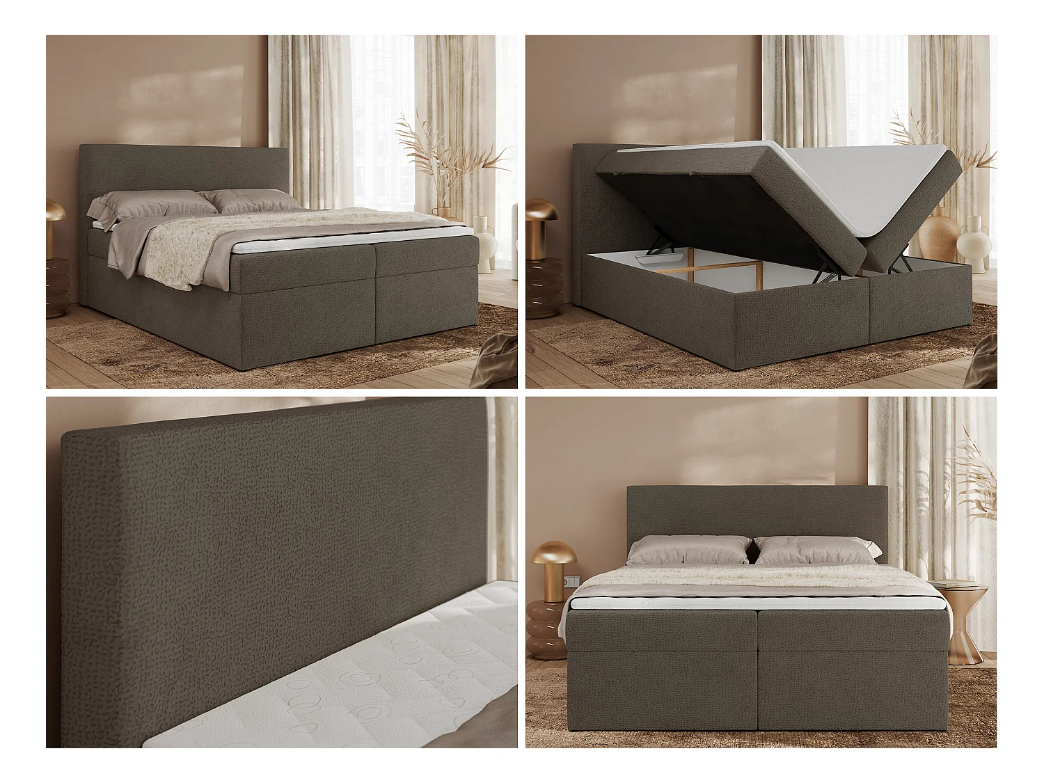 Boxspringbett JAGUAR - Doppelbett mit Multipocket-Matratze und Topper, Struktur dekostoff, zwei Bettkästen - 180x200 cm - H3 - Braun Struktur