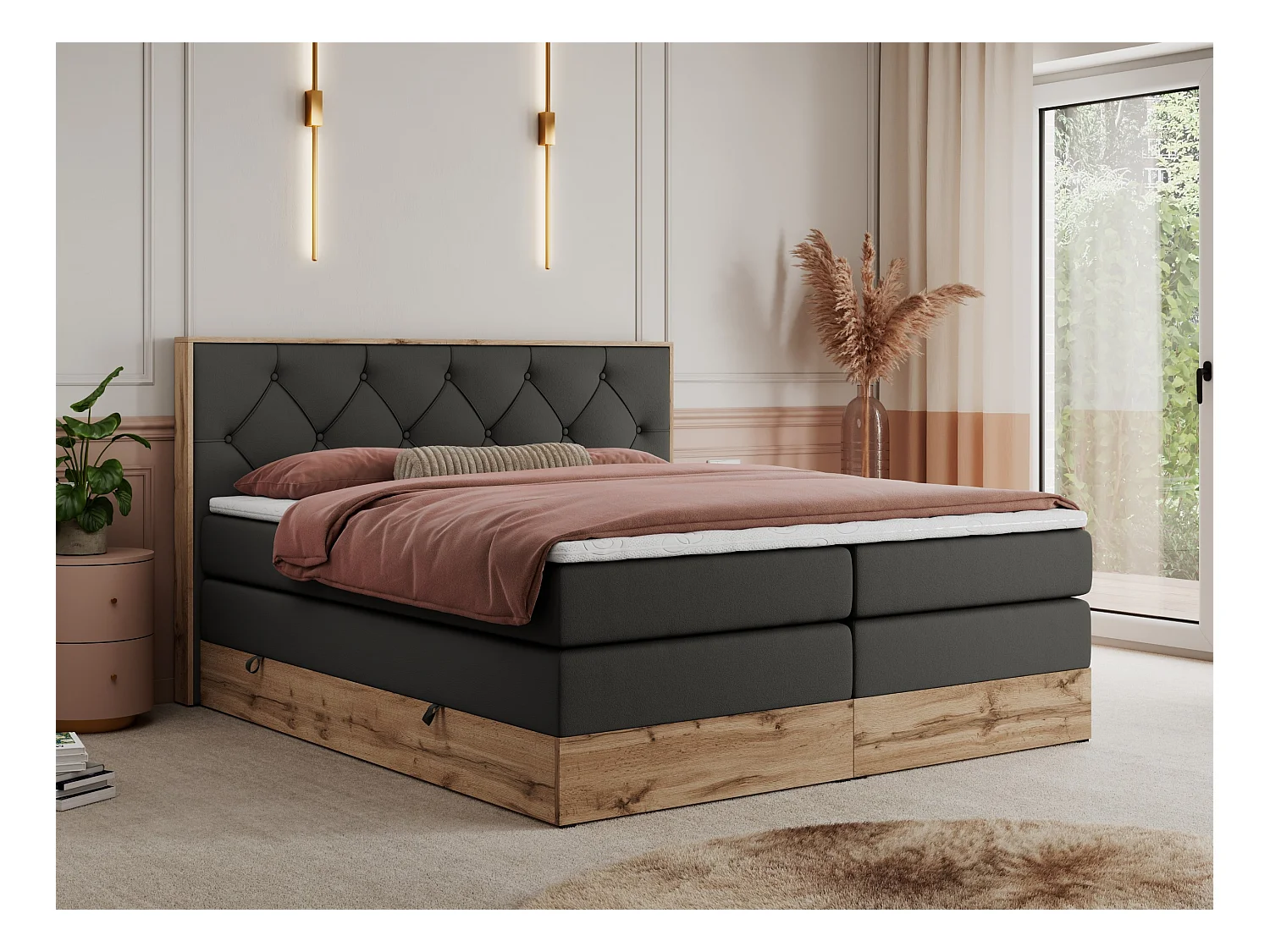Boxspringbett VENETO KING - Polsterbett mit Multipocket-Matratzen und Kopfteil, Holzrahmen, zwei Bettkästen - 160x200 cm - H3 - Dunkelgrau Kunstleder
