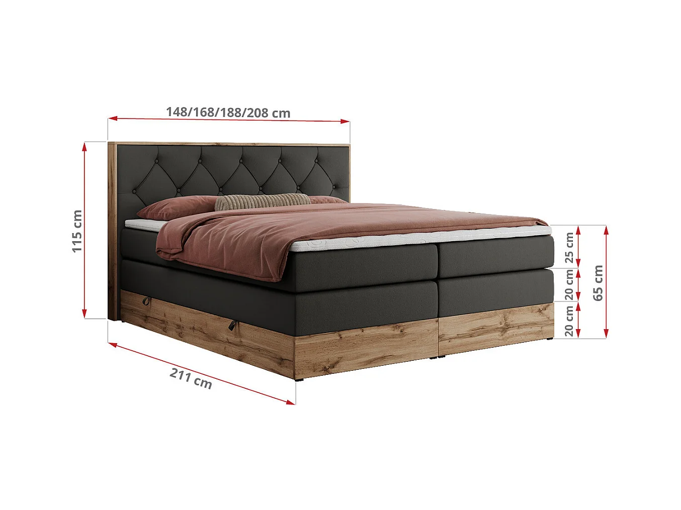 Boxspringbett VENETO KING - Polsterbett mit Multipocket-Matratzen und Kopfteil, Holzrahmen, zwei Bettkästen - 160x200 cm - H3 - Dunkelgrau Kunstleder