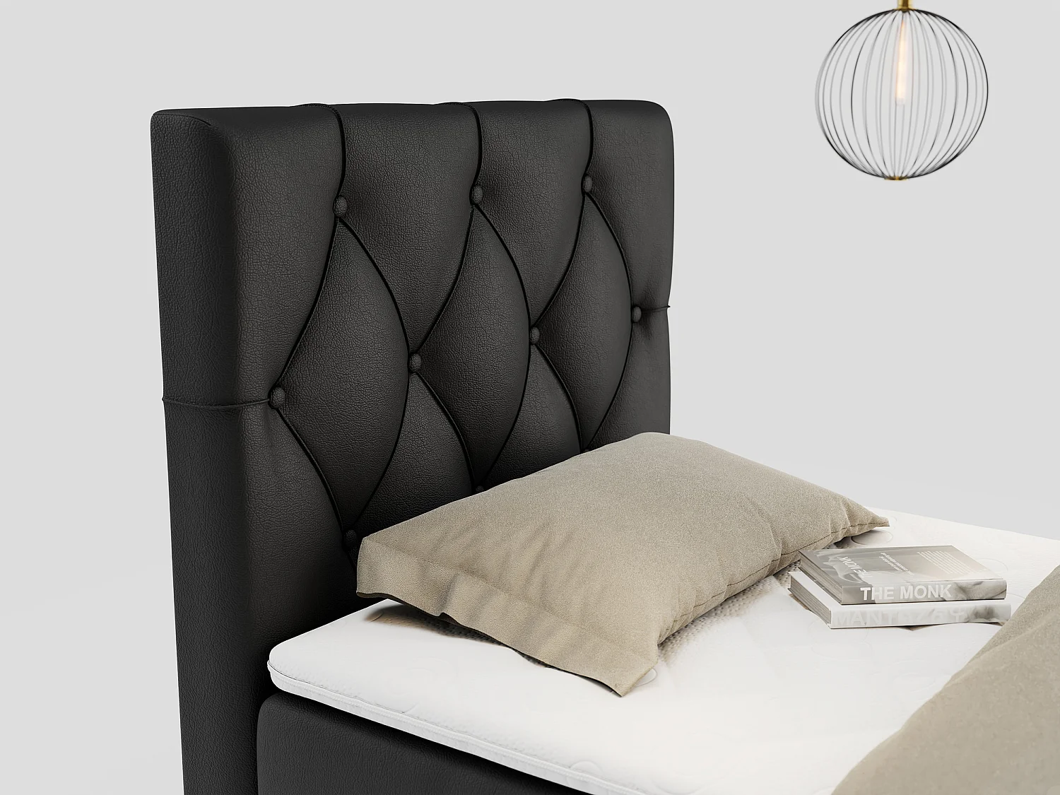 Boxspringbett ALDA - Einzelbett mit gestepptem Kopfteil, Multipocket-Matratze und Topper, Bettkasten - 90x200 cm - H3 - Schwarz Kunstleder - Links Seite