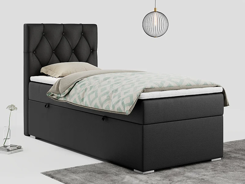 Boxspringbett ALDA - Einzelbett mit gestepptem Kopfteil, Multipocket-Matratze und Topper, Bettkasten - 90x200 cm - H3 - Schwarz Kunstleder - Links Seite