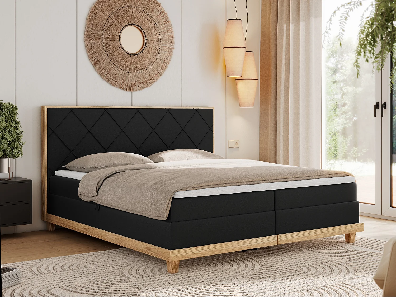 Boxspringbett CAICOS - mit gestepptem Kopfteil, Multipocket-Matratze und Topper, Holzelementen - 160x200 cm - H4 - Schwarz Kunstleder