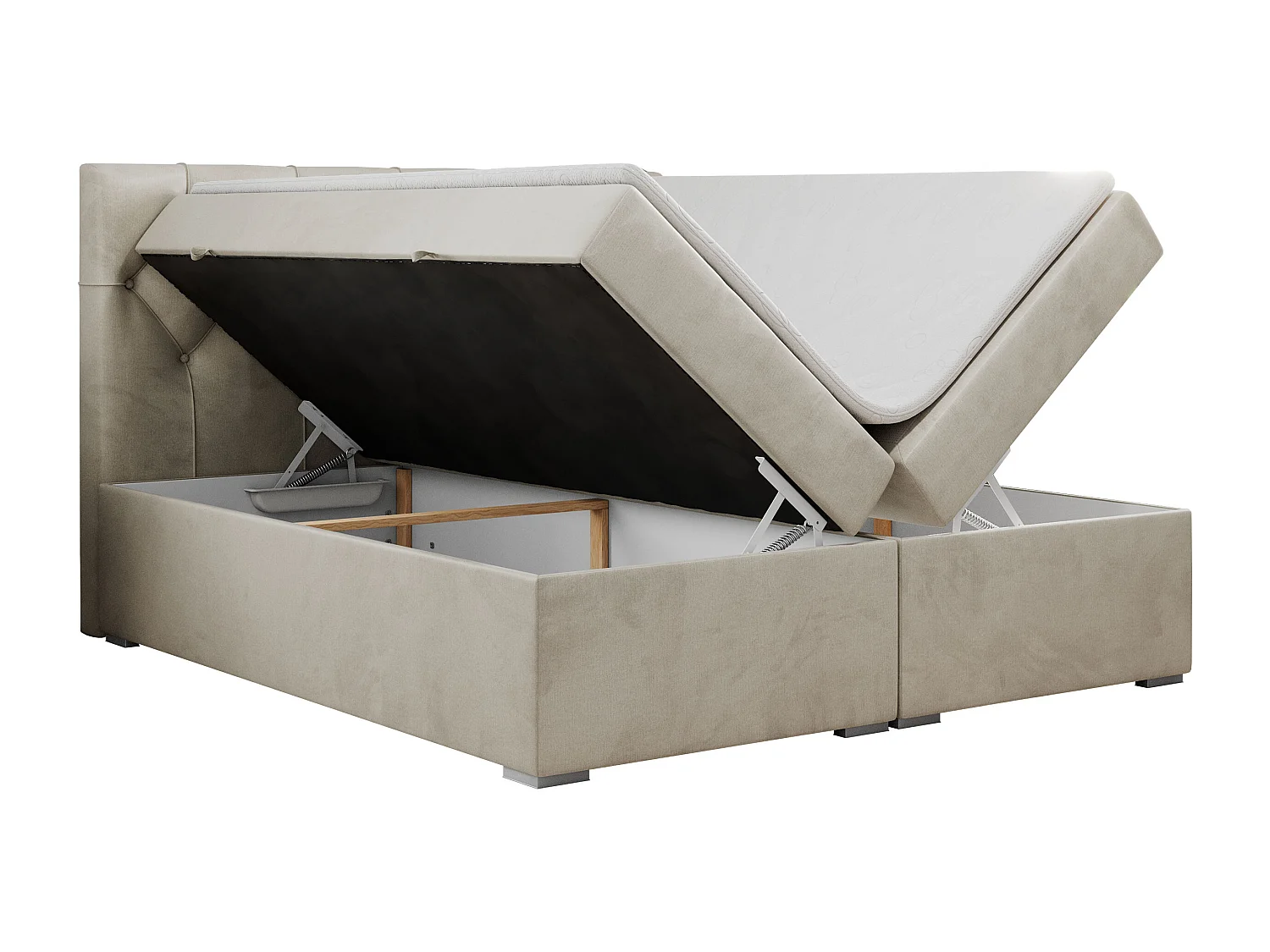 Boxspringbett ALDA - Doppelbett mit gestepptem Kopfteil, Multipocket-Matratze und Topper, zwei Bettkästen - 120x200 cm - H3 - Beige Velvet