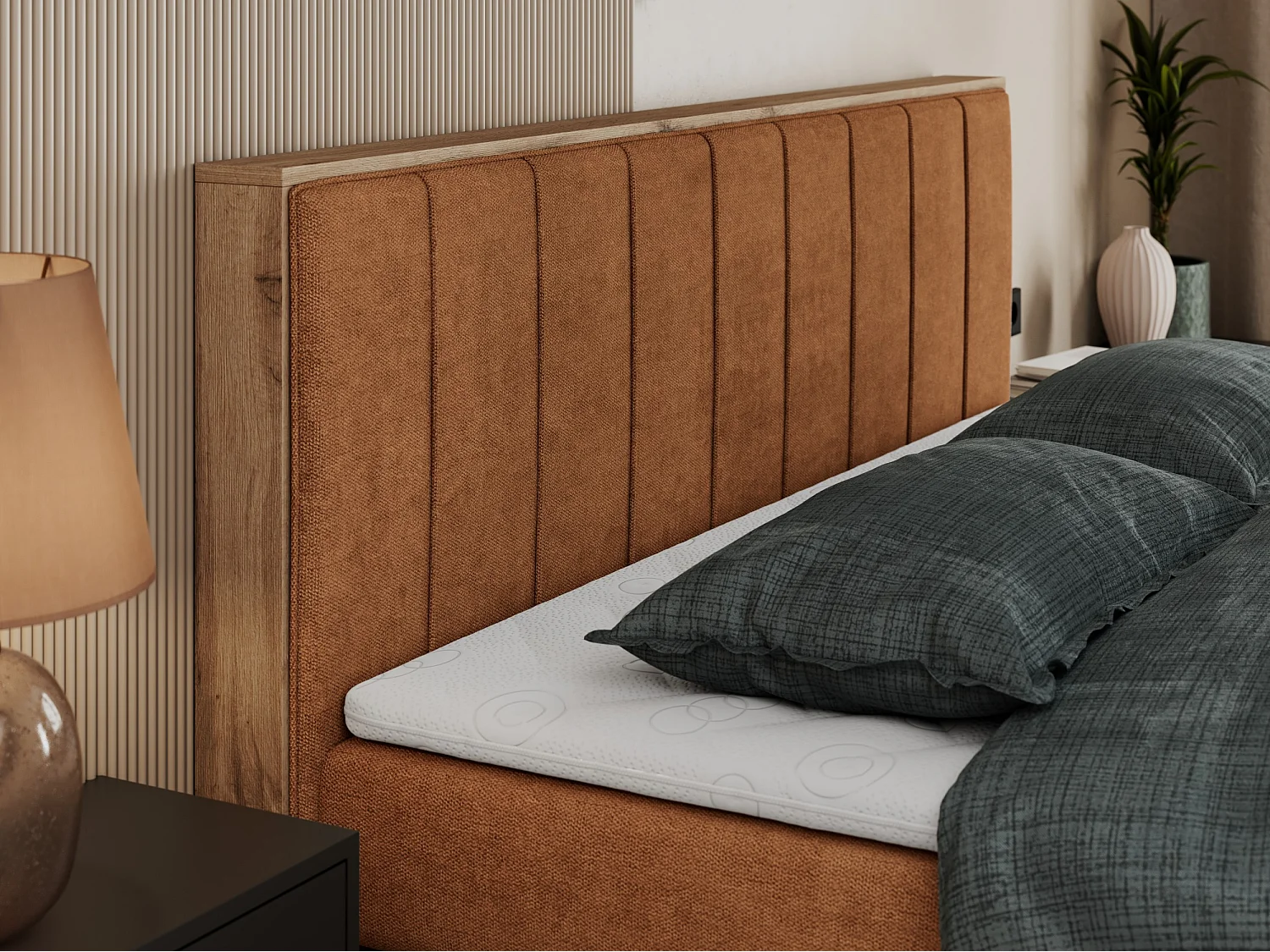 Boxspringbett BELLISSIMO KING - für Schlafzimmer, zwei Multipocket-Matratzen, Set mit Kopfteil und Topper, Holzrahmen - 180x200 cm - H4 - Orange Strukture