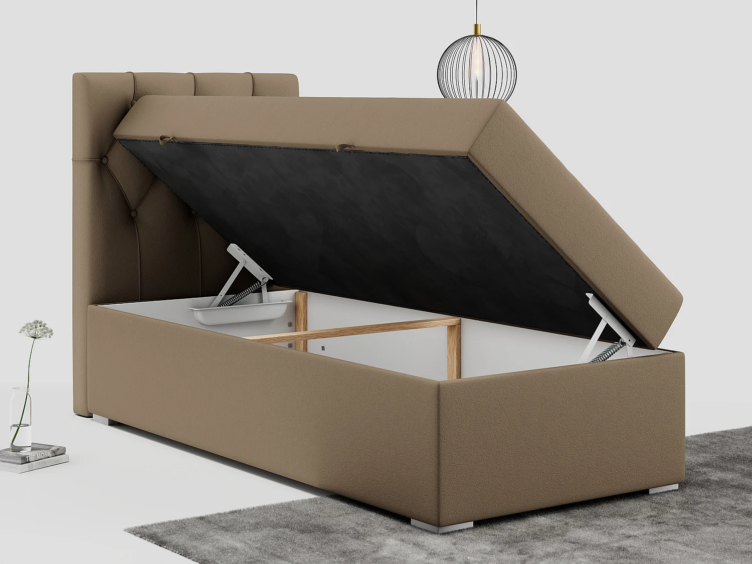 Boxspringbett ALDA - Einzelbett mit gestepptem Kopfteil, Multipocket-Matratze und Topper, Bettkasten - 90x200 cm - H4 - Braun Kunstleder - Links Seite