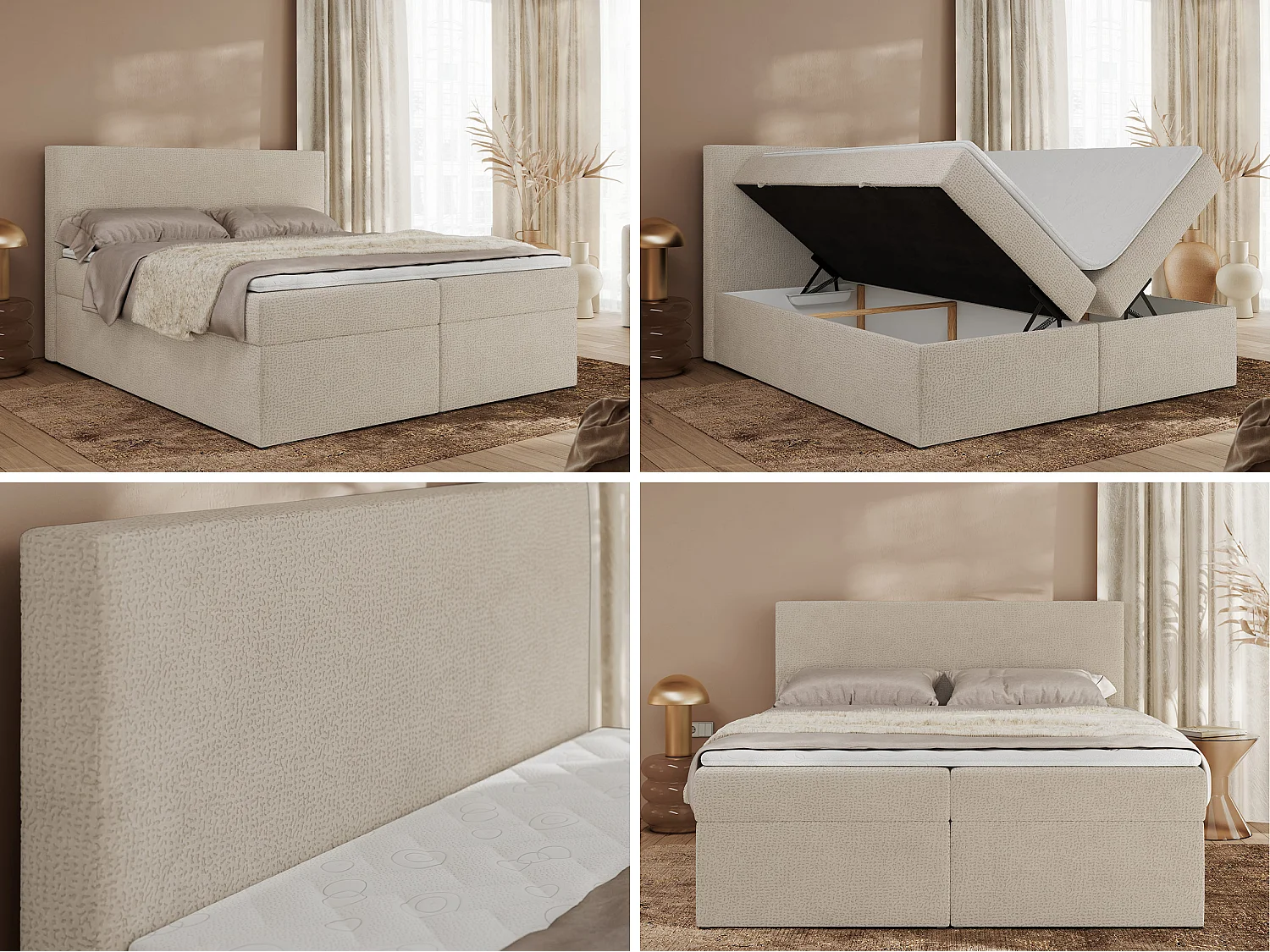Boxspringbett JAGUAR - Doppelbett mit Multipocket-Matratze und Topper, Struktur dekostoff, zwei Bettkästen - 180x200 cm - H3 - Beige Struktur