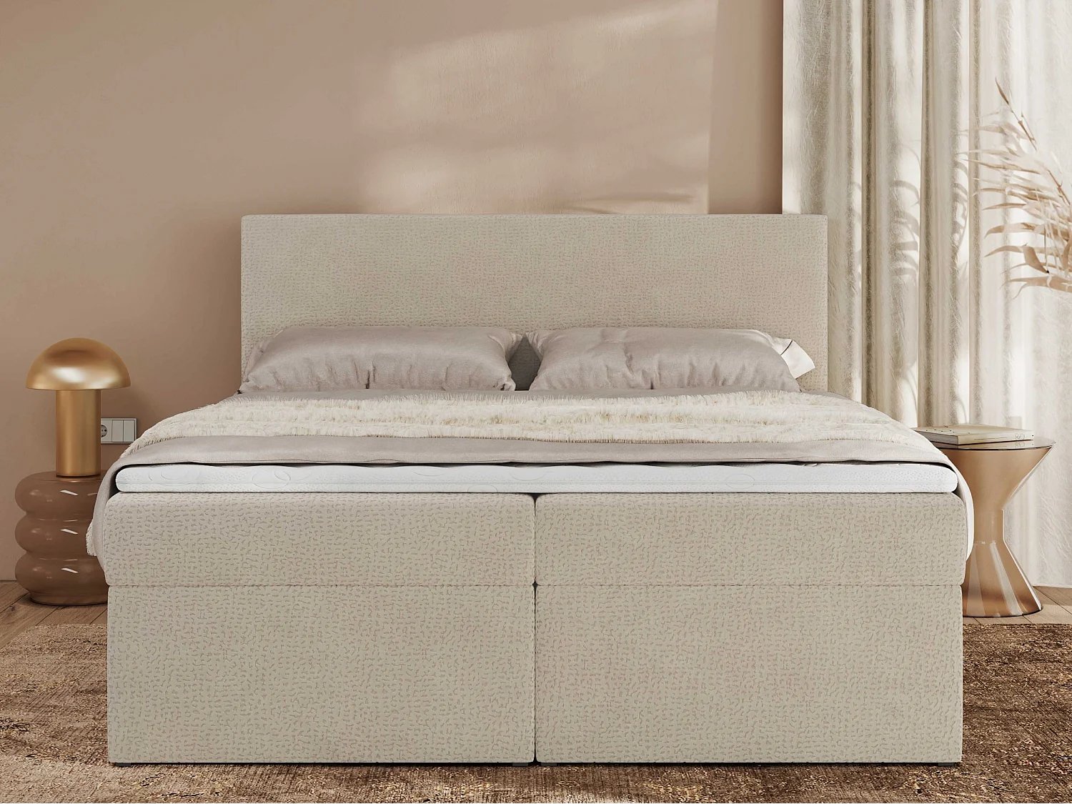 Boxspringbett JAGUAR - Doppelbett mit Multipocket-Matratze und Topper, Struktur dekostoff, zwei Bettkästen - 180x200 cm - H3 - Beige Struktur
