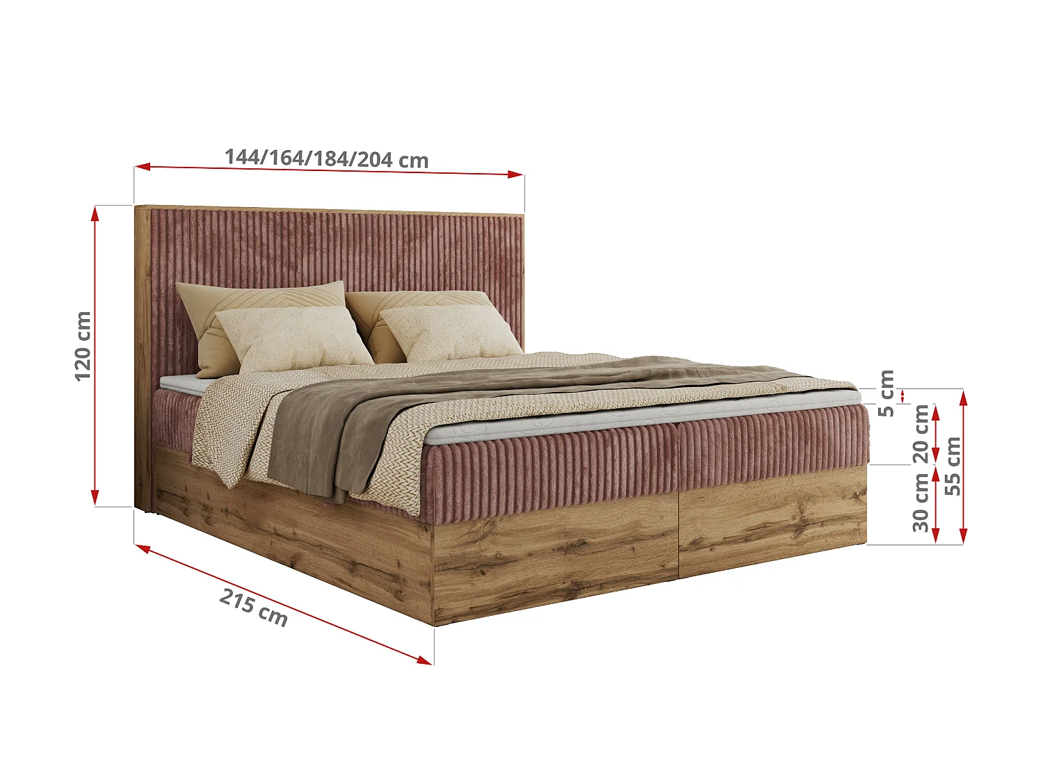 Lit boxspring - Dureté H4 + Topper T25 - Rose Velours côtelé - 160x200 - WOOD CLASSIC