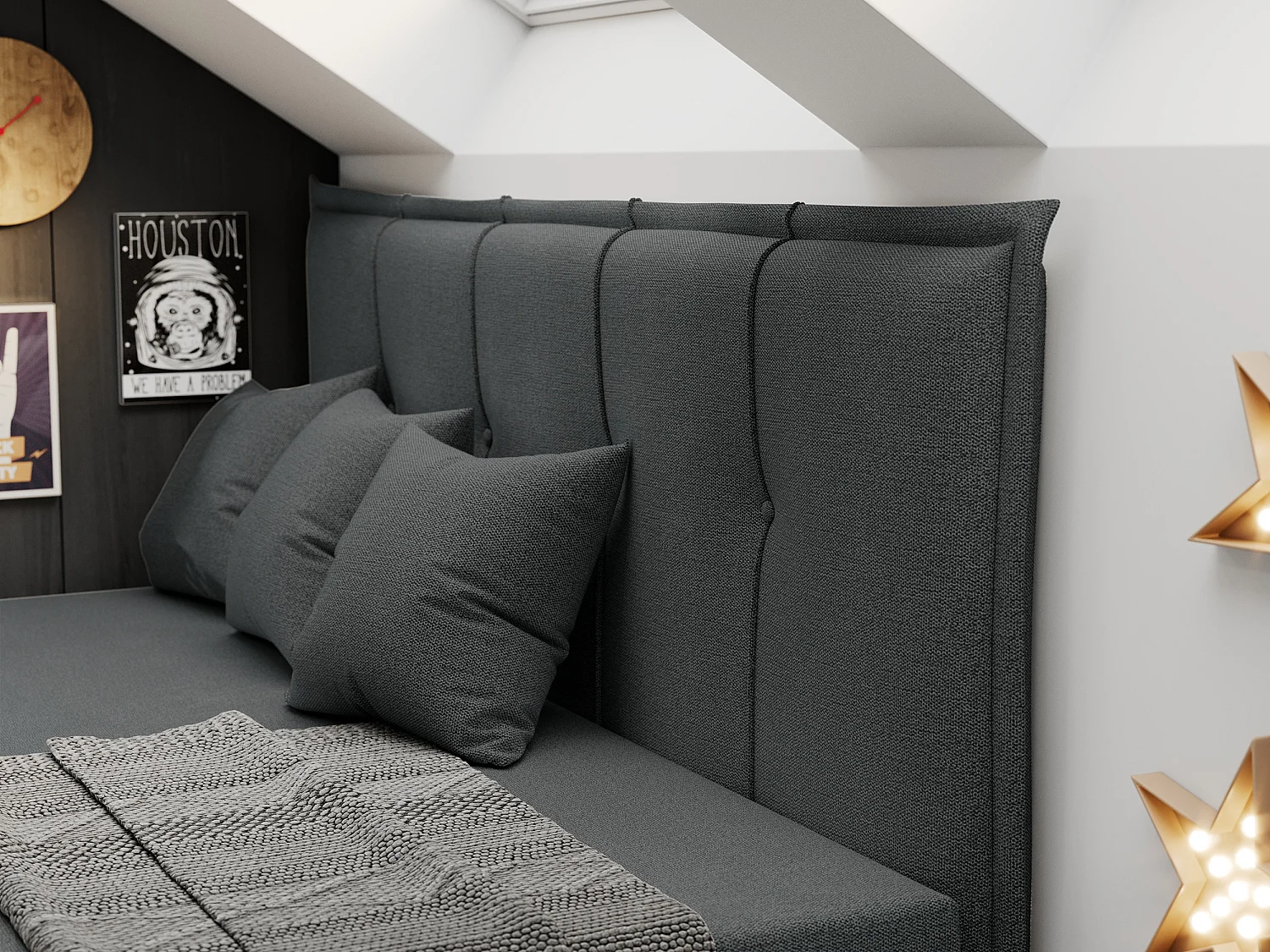 Kinderbett BANCO - Einzelbett für Jugendliche, Set mit Kopfteil und Matratze, Boxspringbett, Bettkasten - 90x200 cm - Dunkelgrau Strukture